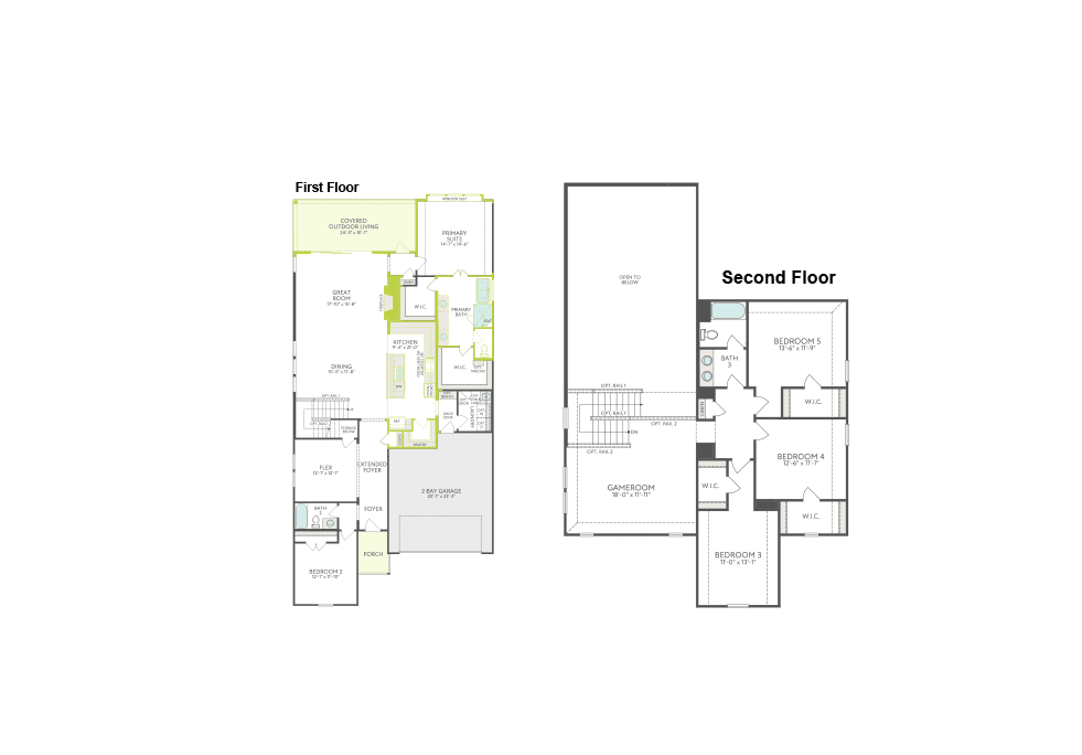 Floor plans for the first and second stories of a house are displayed against a white background.