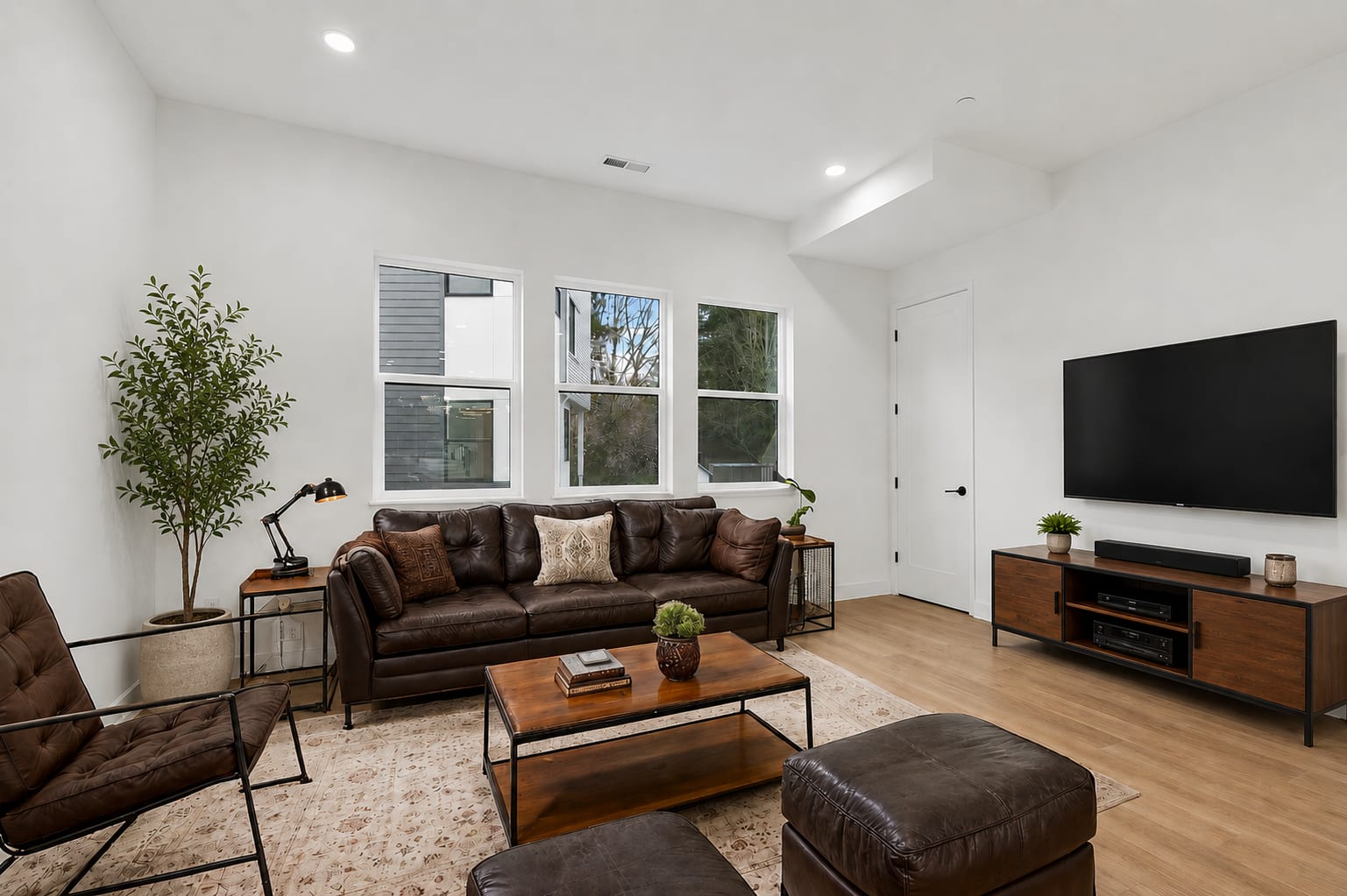 A brown leather sofa and coffee table sit on a rug in the foreground, while a television and a white door are visible in the background.