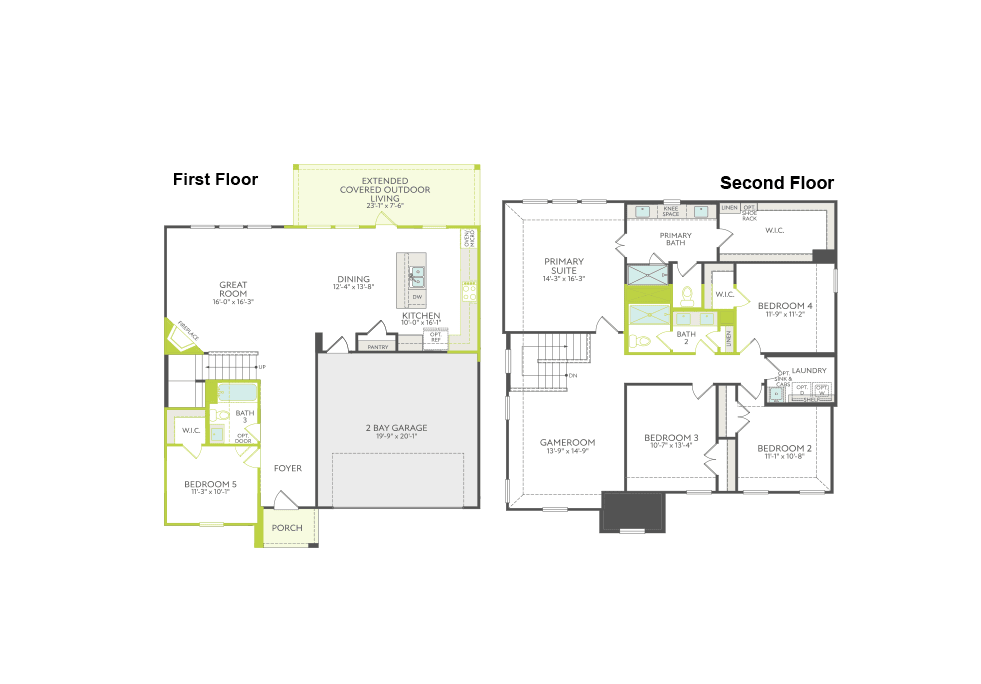 A floor plan displays the first floor with a foyer, great room, dining area, kitchen, and a two-car garage, while the second floor shows four bedrooms, a game room, and multiple bathrooms.