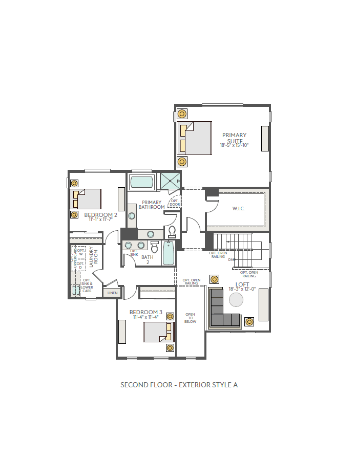 A floor plan of a second-floor residence with bedrooms, bathrooms, and a loft in the foreground, set against a white background.