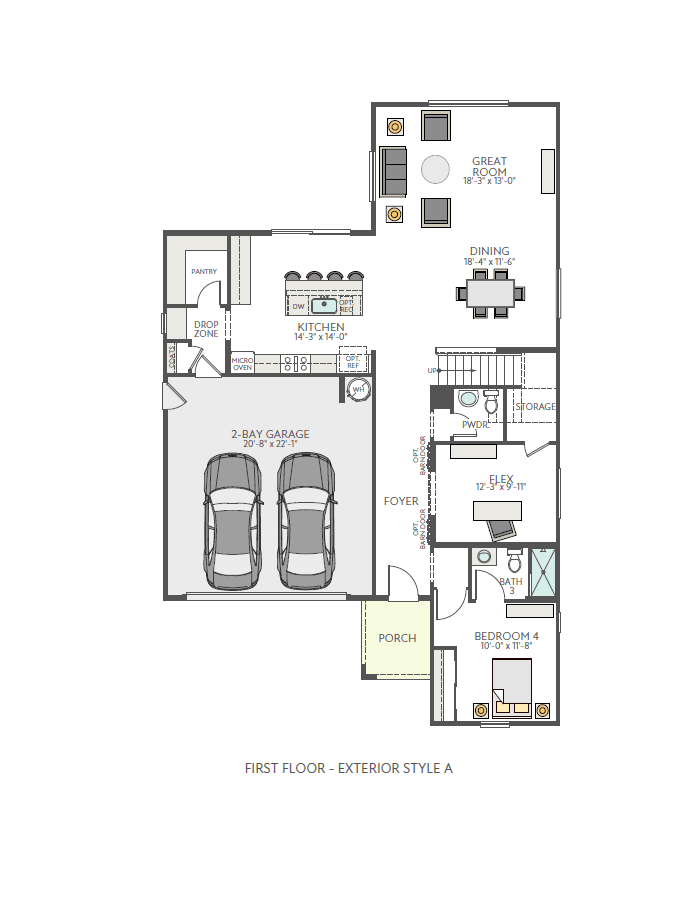 A floor plan displays a two-car garage and porch in the foreground, with a kitchen, dining area, great room, foyer, and bedroom in the background.