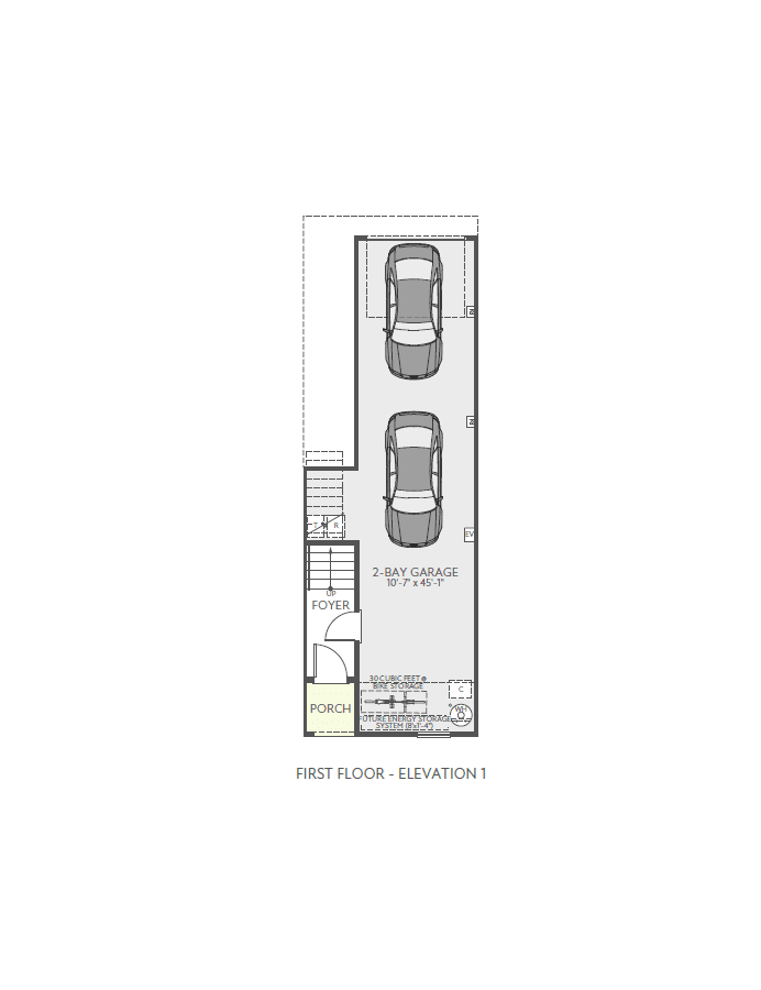 A floor plan of a house shows a porch and foyer in the foreground, leading to a two-car garage in the background.