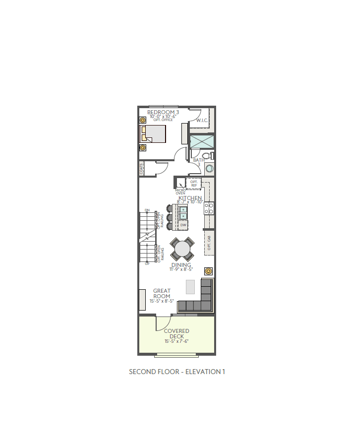 A floor plan of a second-floor apartment shows a covered deck and great room in the foreground, leading to a dining area, kitchen, and bedrooms in the background.
