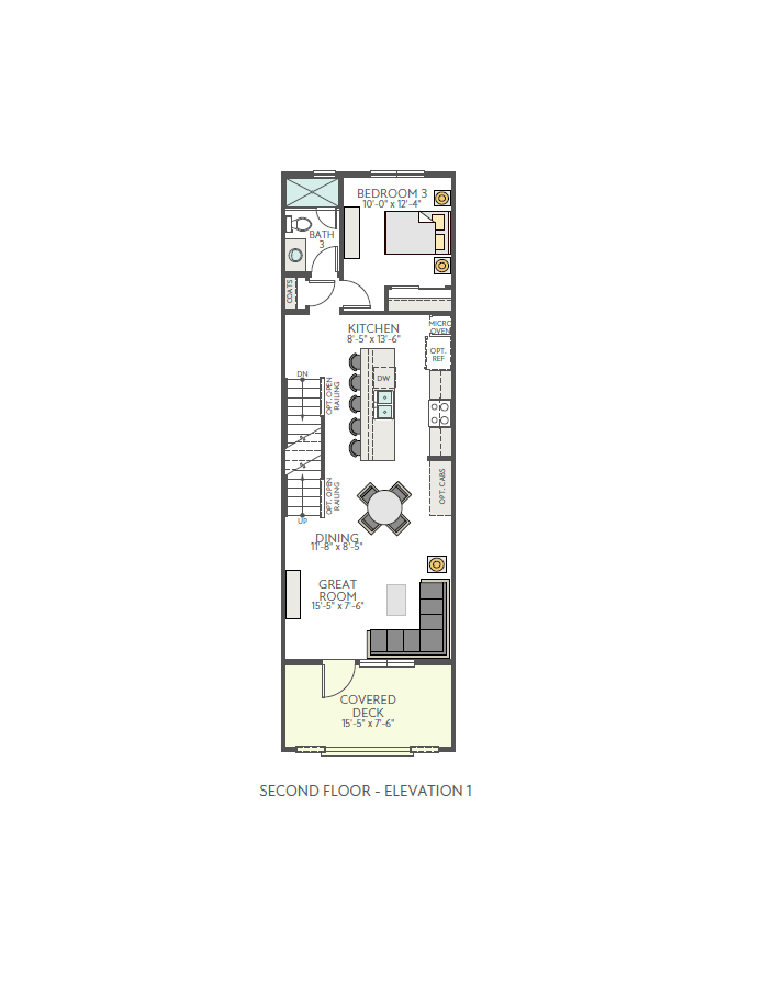 A floor plan of a second-level apartment shows a covered deck in the foreground and a bedroom, kitchen, and great room in the background.