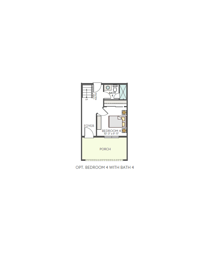 A floor plan of a small apartment with a porch in the foreground and a bedroom and bathroom in the background.