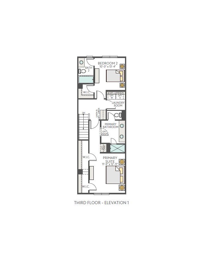 A floor plan of the third level of a house is shown, with a primary bedroom, primary bathroom, bedroom 2, and a bathroom in the foreground, and the text "THIRD FLOOR - ELEVATION 1" in the background.