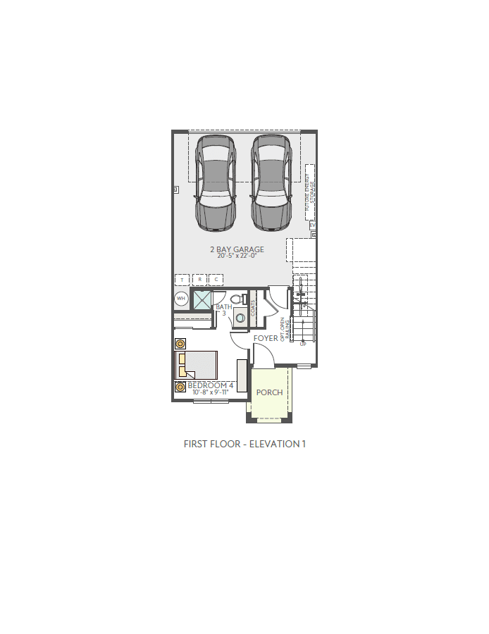 A floor plan of a house's first floor shows a porch and foyer leading to a bedroom, bathroom, and kitchen, with a two-car garage at the rear.