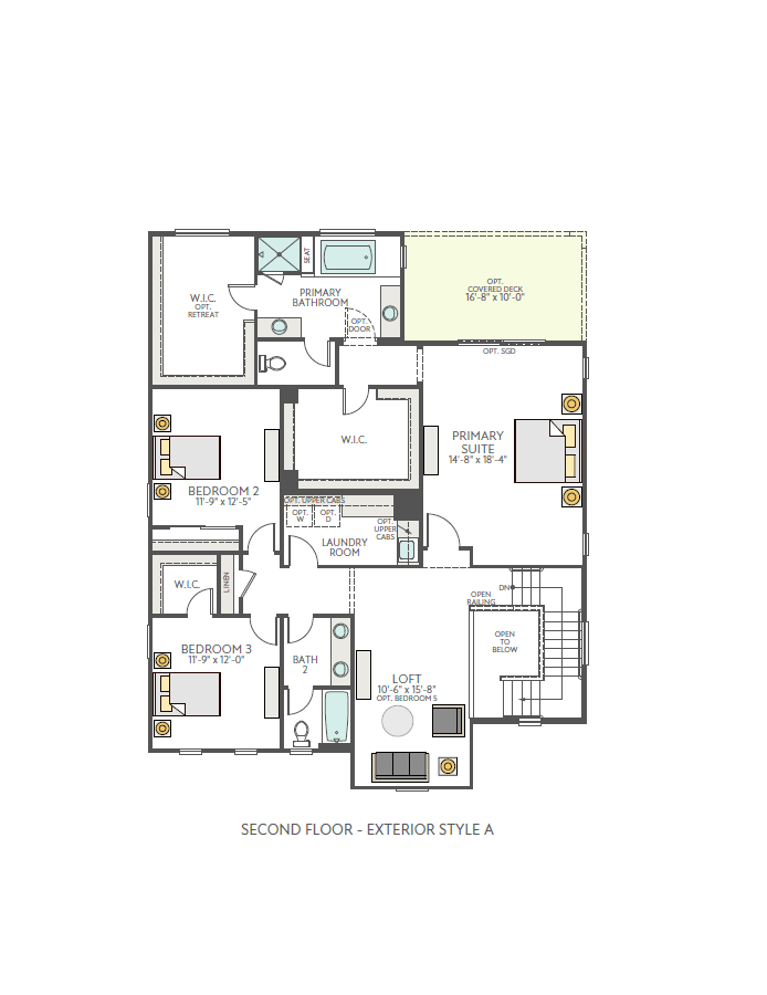 A floor plan of a second-story home with bedrooms, bathrooms, a laundry room, and a loft in the foreground, and an outdoor living space labeled "loft deck" in the background.