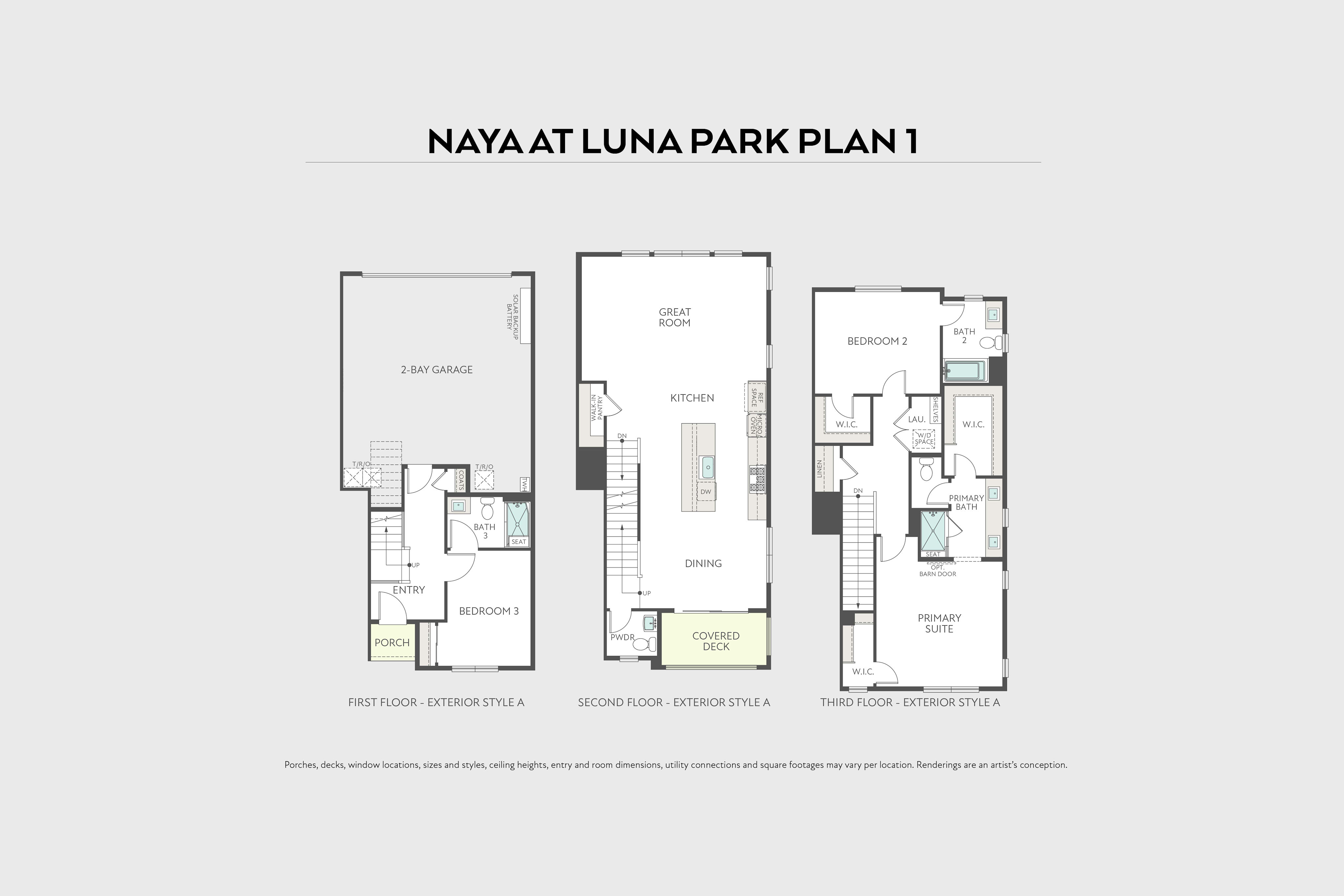 Floor plans for Naya at Luna Park Plan 1 are displayed against a light gray background, with the first floor on the left, followed by the second and third floors.