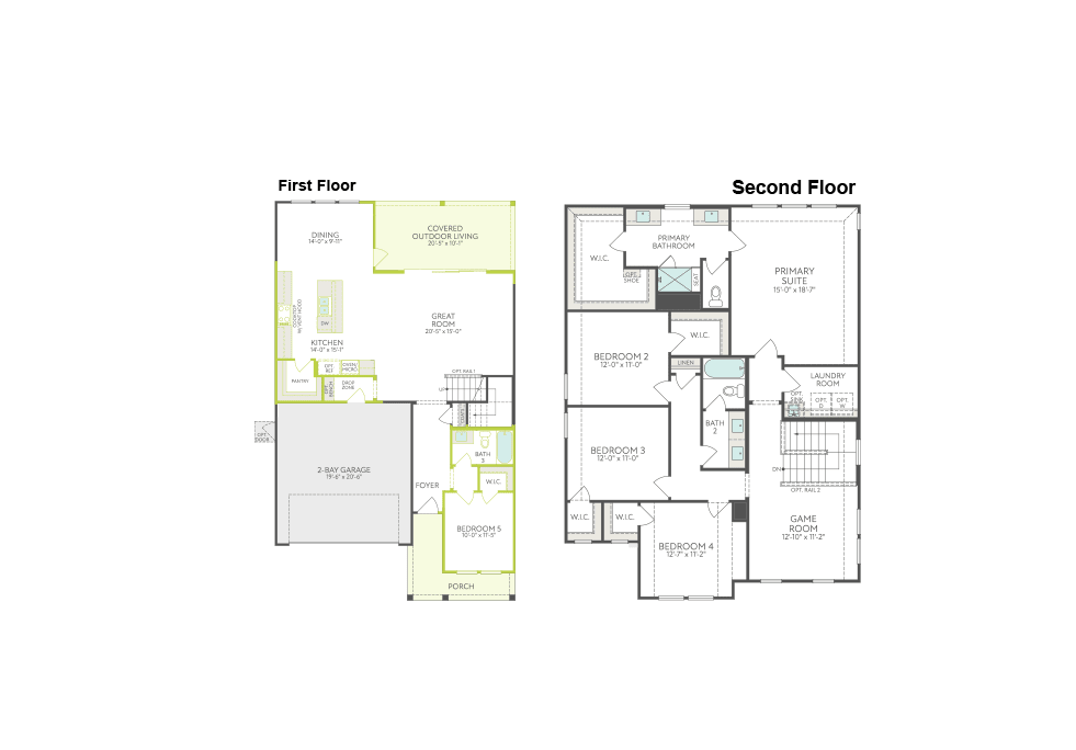 Floor plans for the first and second stories of a house are displayed side-by-side against a white background.