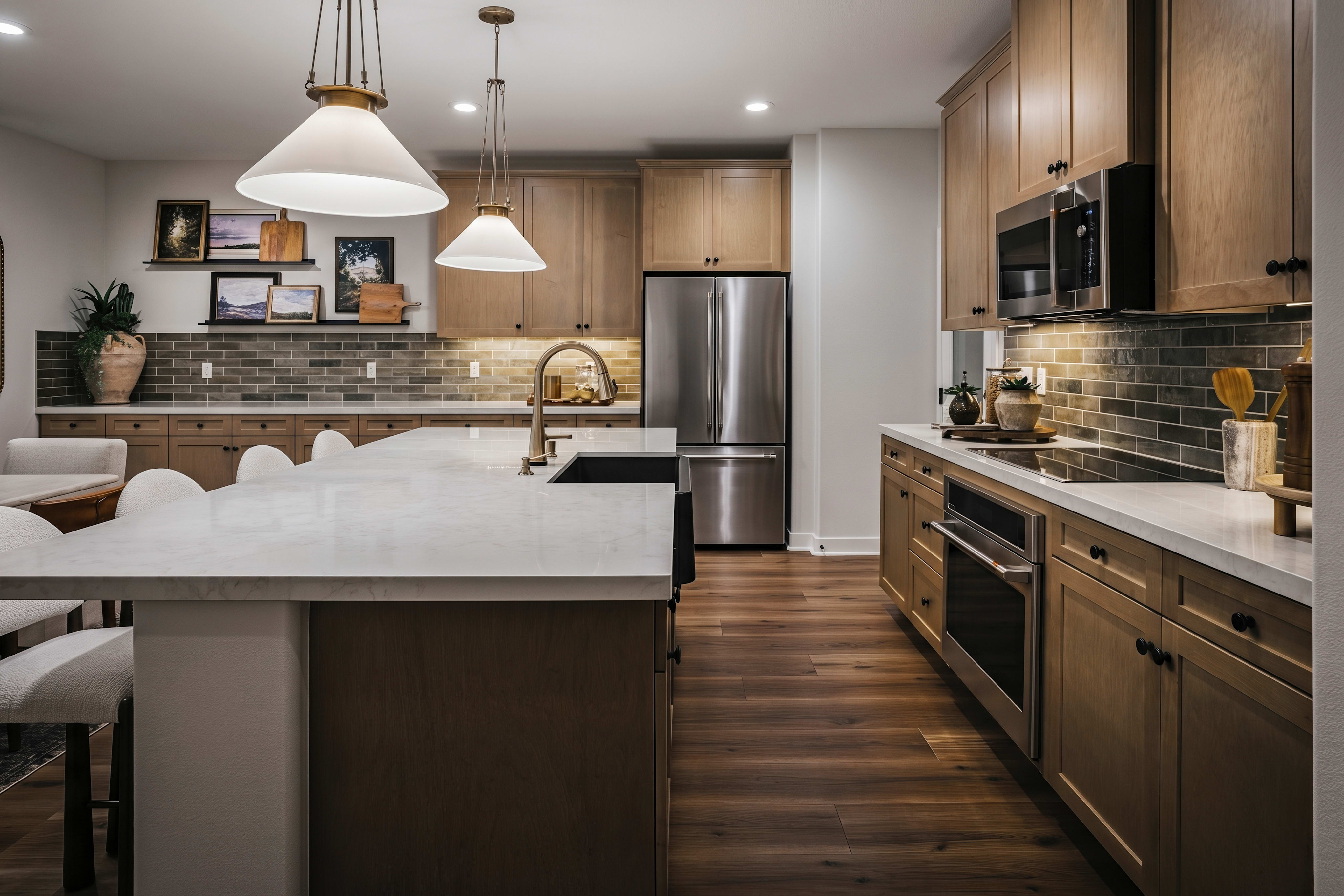 A modern kitchen with a large island in the foreground and wooden cabinets and stainless steel appliances in the background.