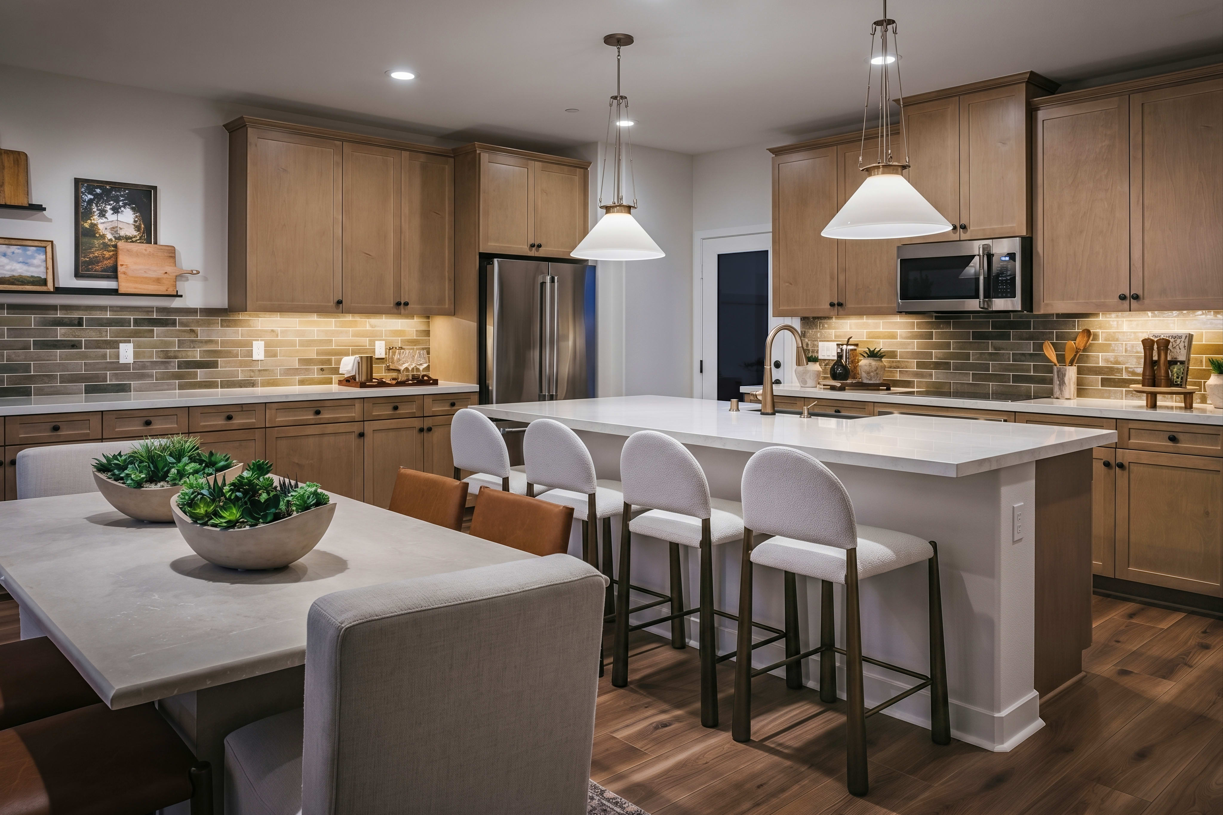 A modern kitchen with a dining table in the foreground and a large island with bar stools in the background.