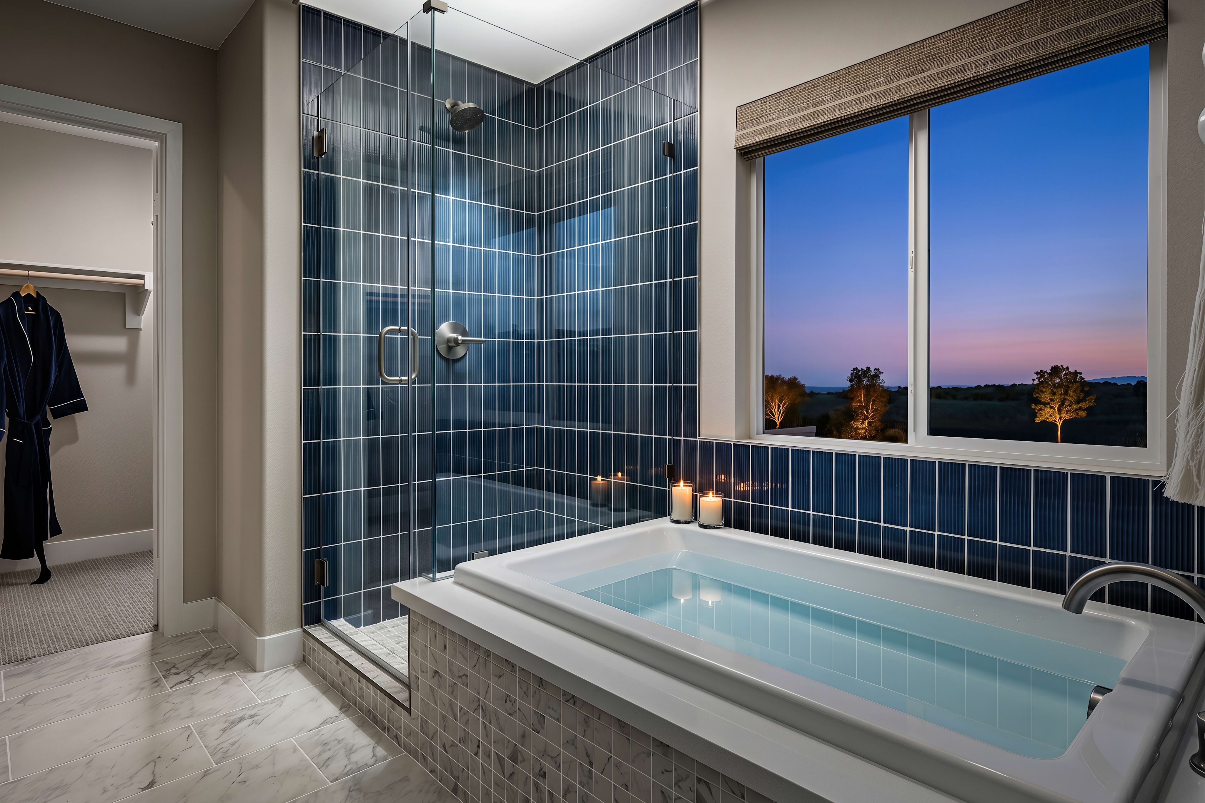 A modern bathroom with a deep soaking tub and a glass-enclosed shower in the foreground, and a twilight sky visible through a large window in the background.