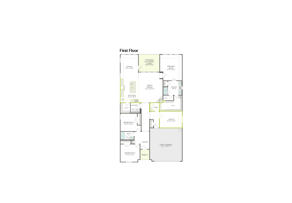 A first-floor house plan with a garage on the right is displayed against a white background.