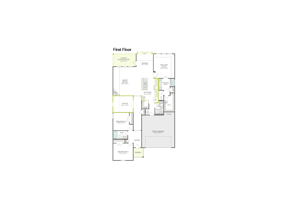 A first-floor house plan with labeled rooms is presented against a plain white background.