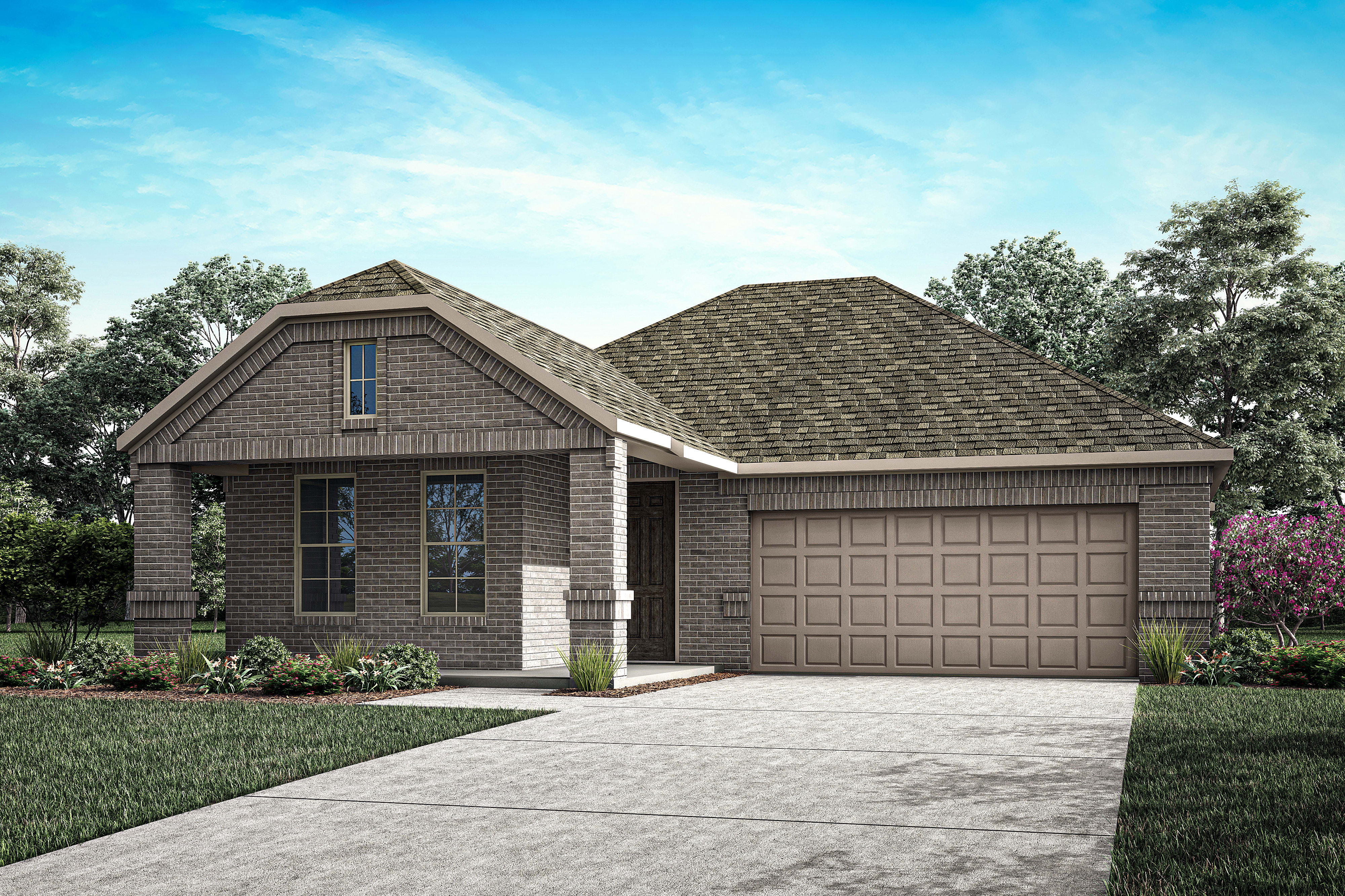A modern brick house with a two-car garage sits on a paved driveway, surrounded by lush green grass and trees under a clear blue sky.