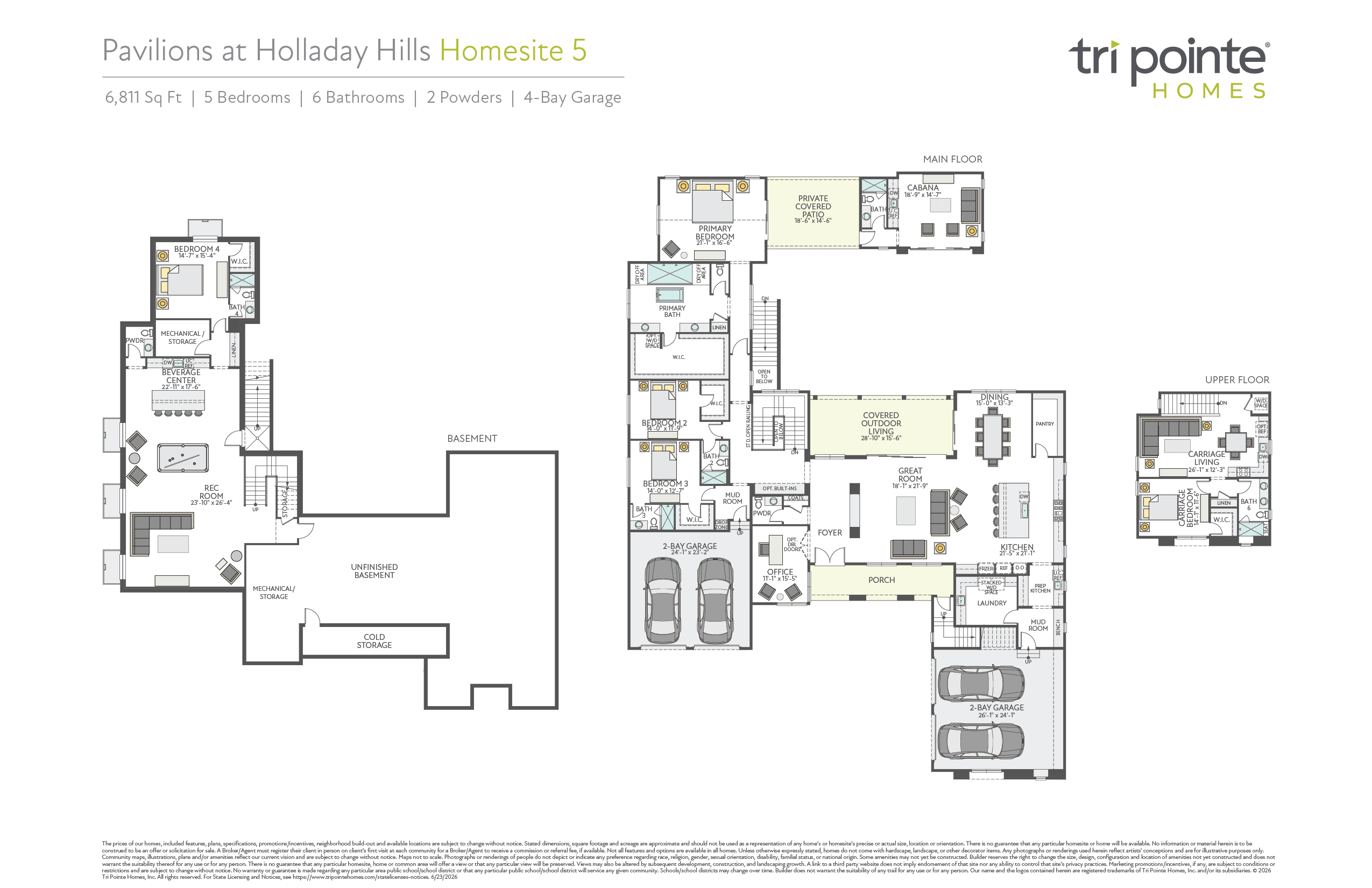 Floor plans of a house with a garage are displayed on a white background, with the Tri Pointe Homes logo in the upper right corner.