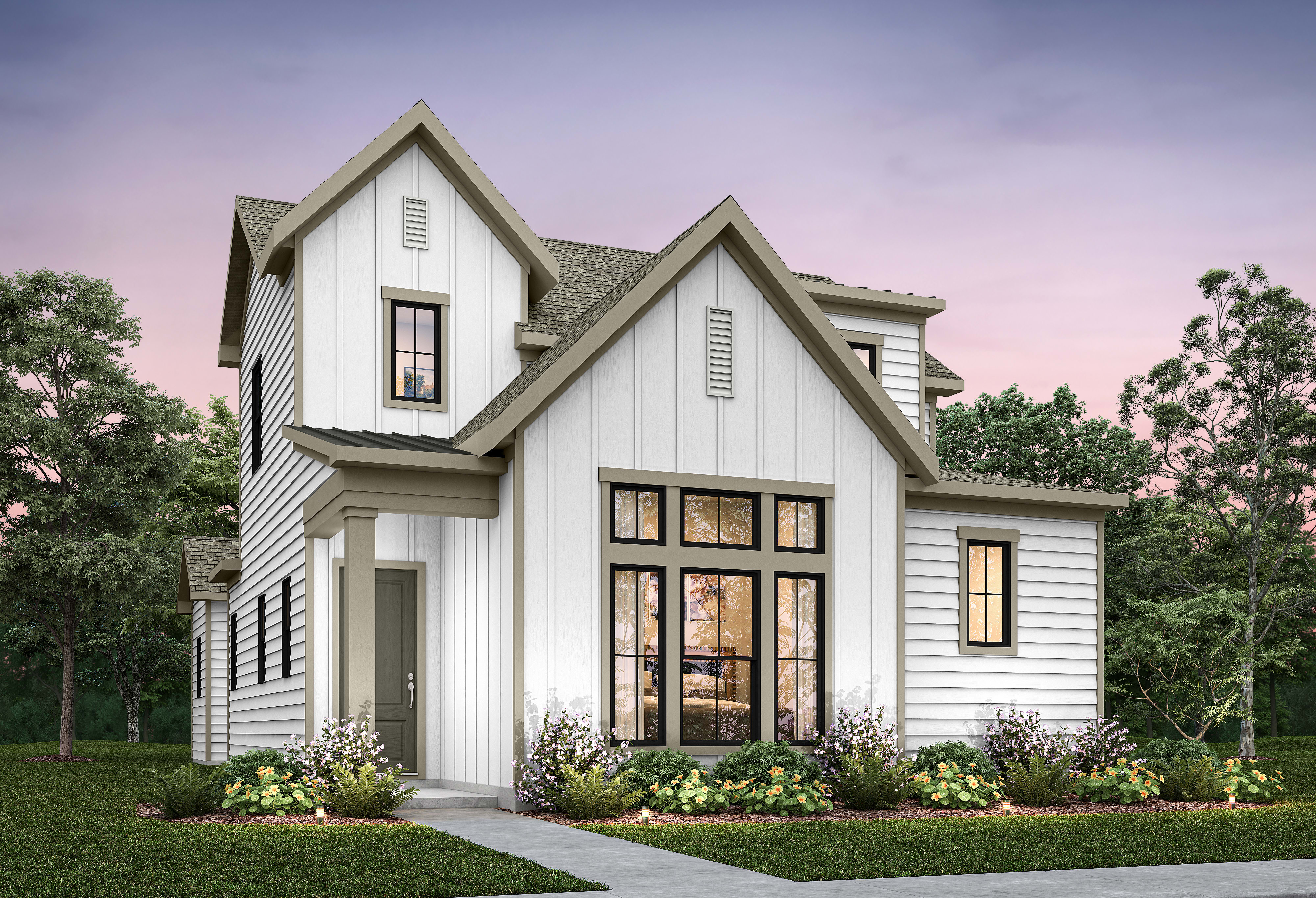 A modern white farmhouse with a gray roof sits in the foreground, surrounded by lush landscaping, while a soft twilight sky forms the background.