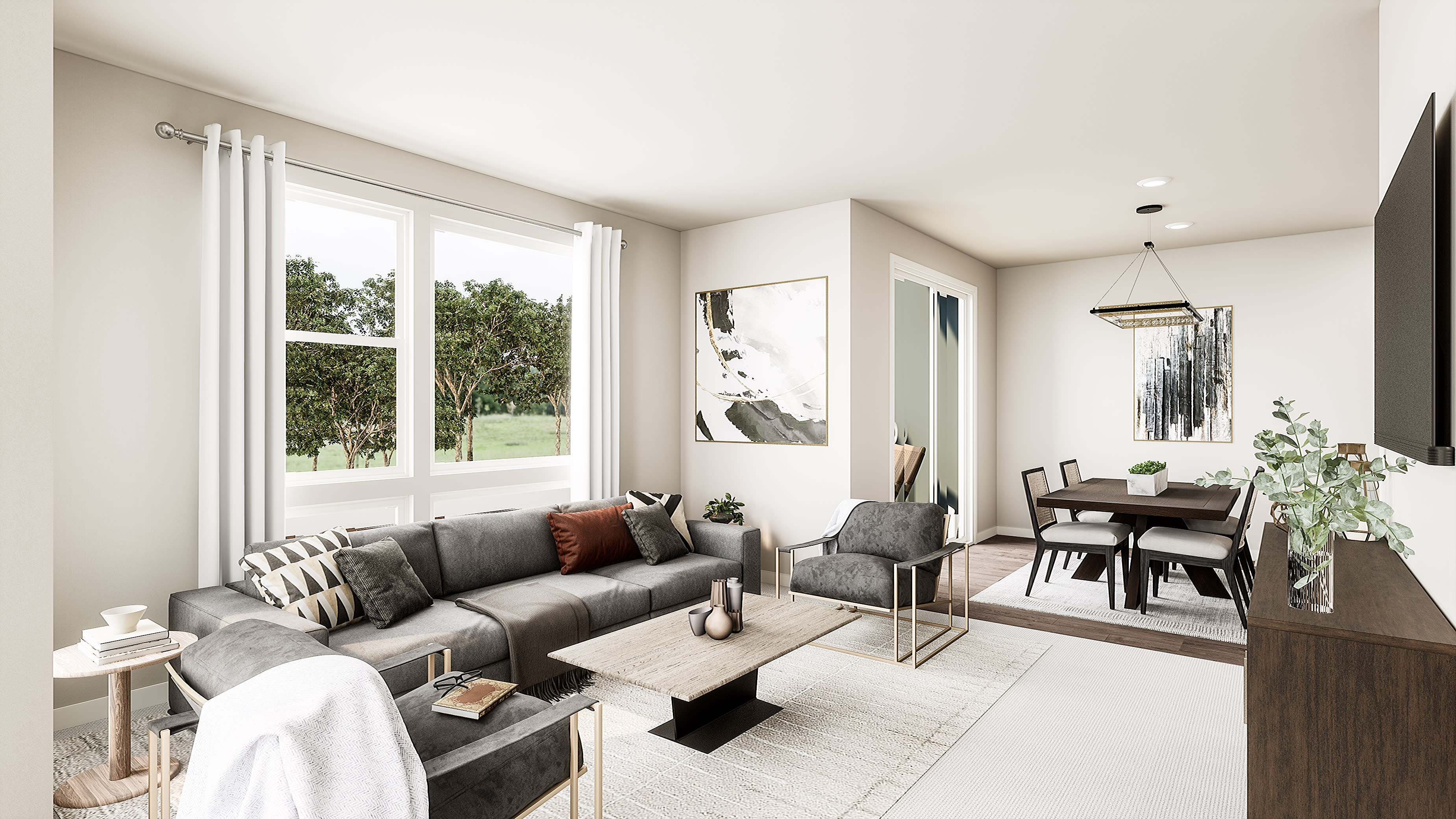 A modern living room with a sectional sofa and coffee table in the foreground, and a dining area with a table and chairs in the background.