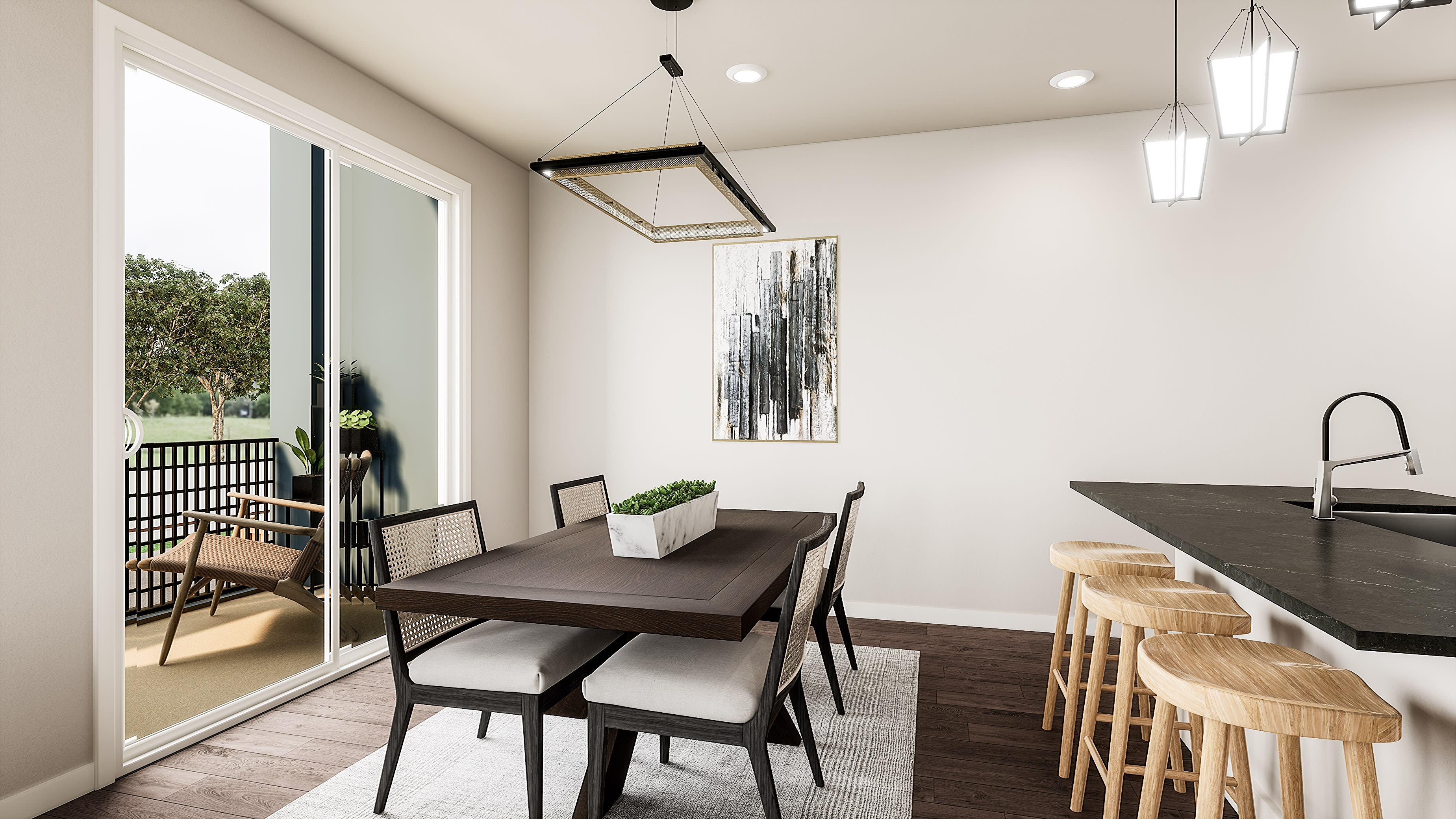 A modern dining area with a dark wood table and chairs in the foreground, and a balcony with outdoor seating visible through a sliding glass door in the background.