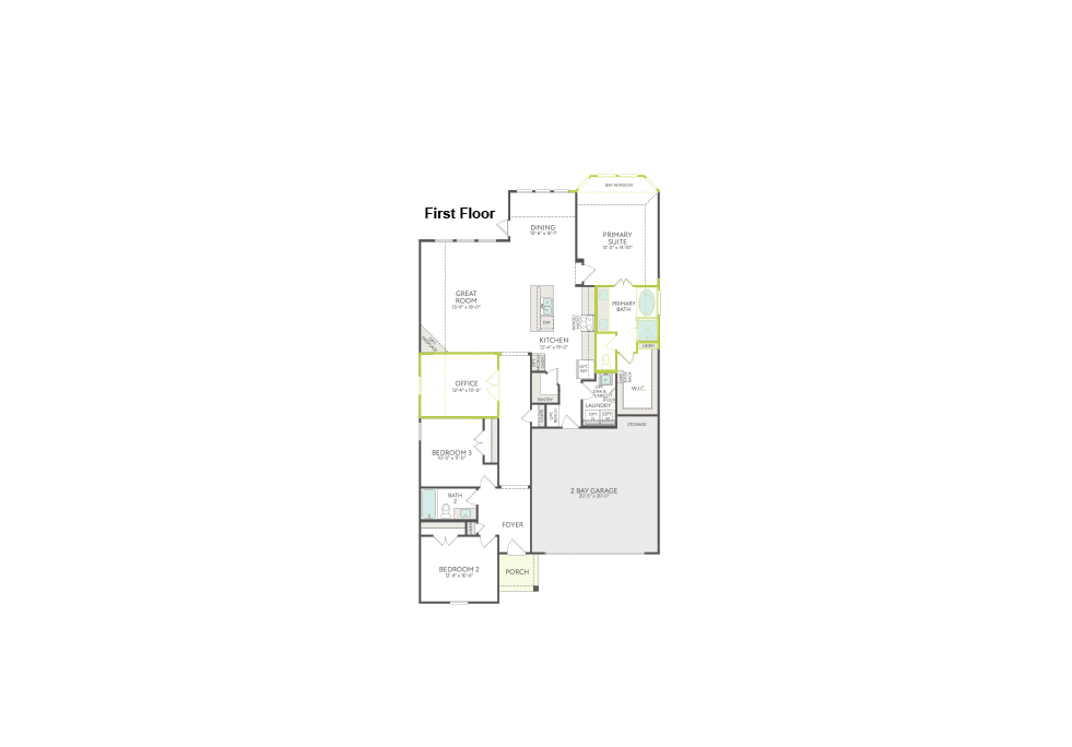 A floor plan of a house is presented on a white background, with the first floor layout clearly defined by walls, rooms, and labels.