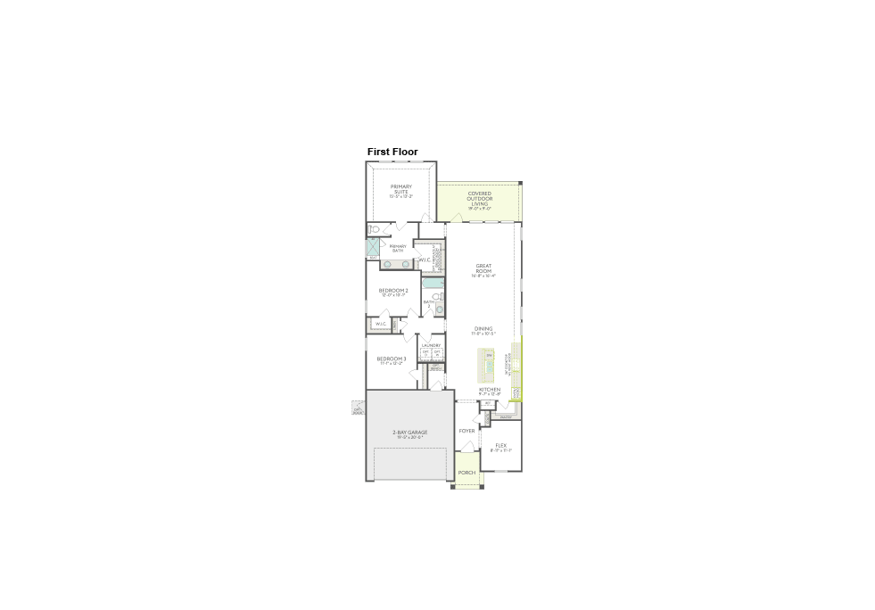 A floor plan of a house, labeled "First Floor," displays rooms and a garage in the foreground against a white background.