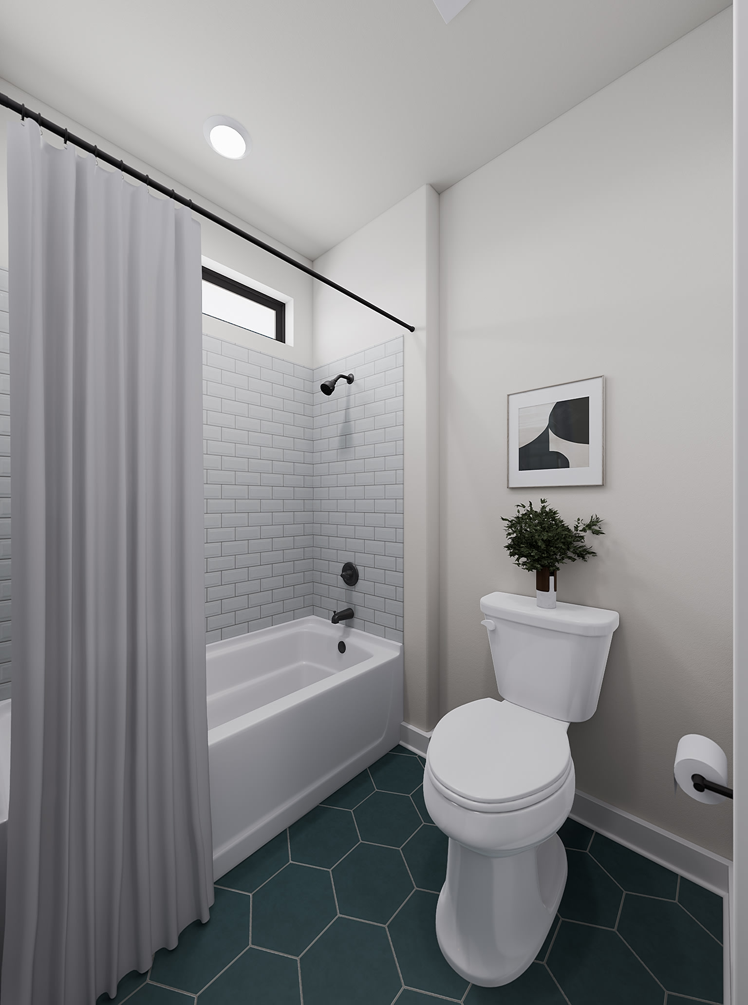 A white bathtub with a white shower curtain is in the foreground, while a white toilet and a framed picture hang on the wall in the background.