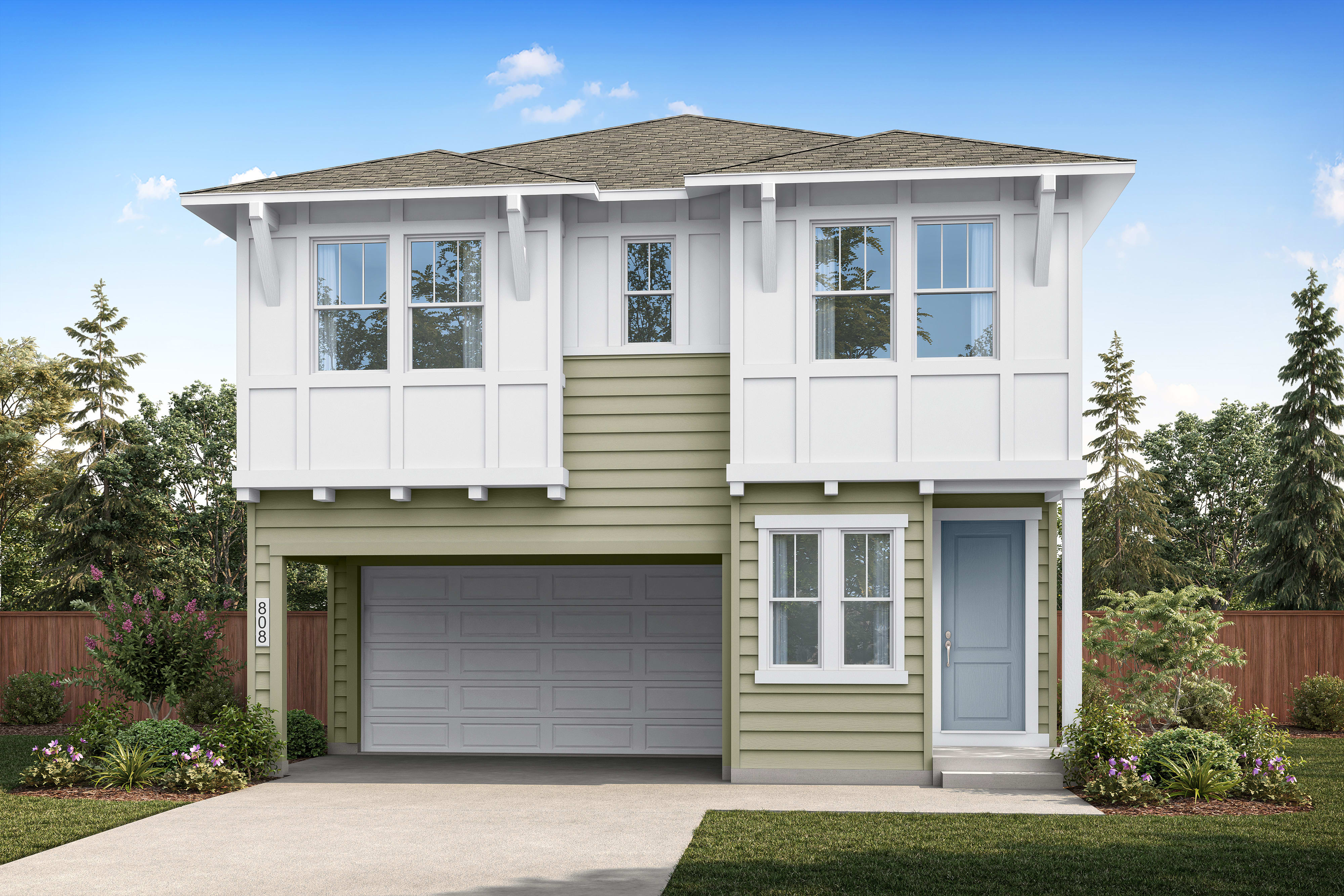 A modern two-story house with a light green and white exterior sits on a paved driveway in front of a backdrop of trees and a blue sky.