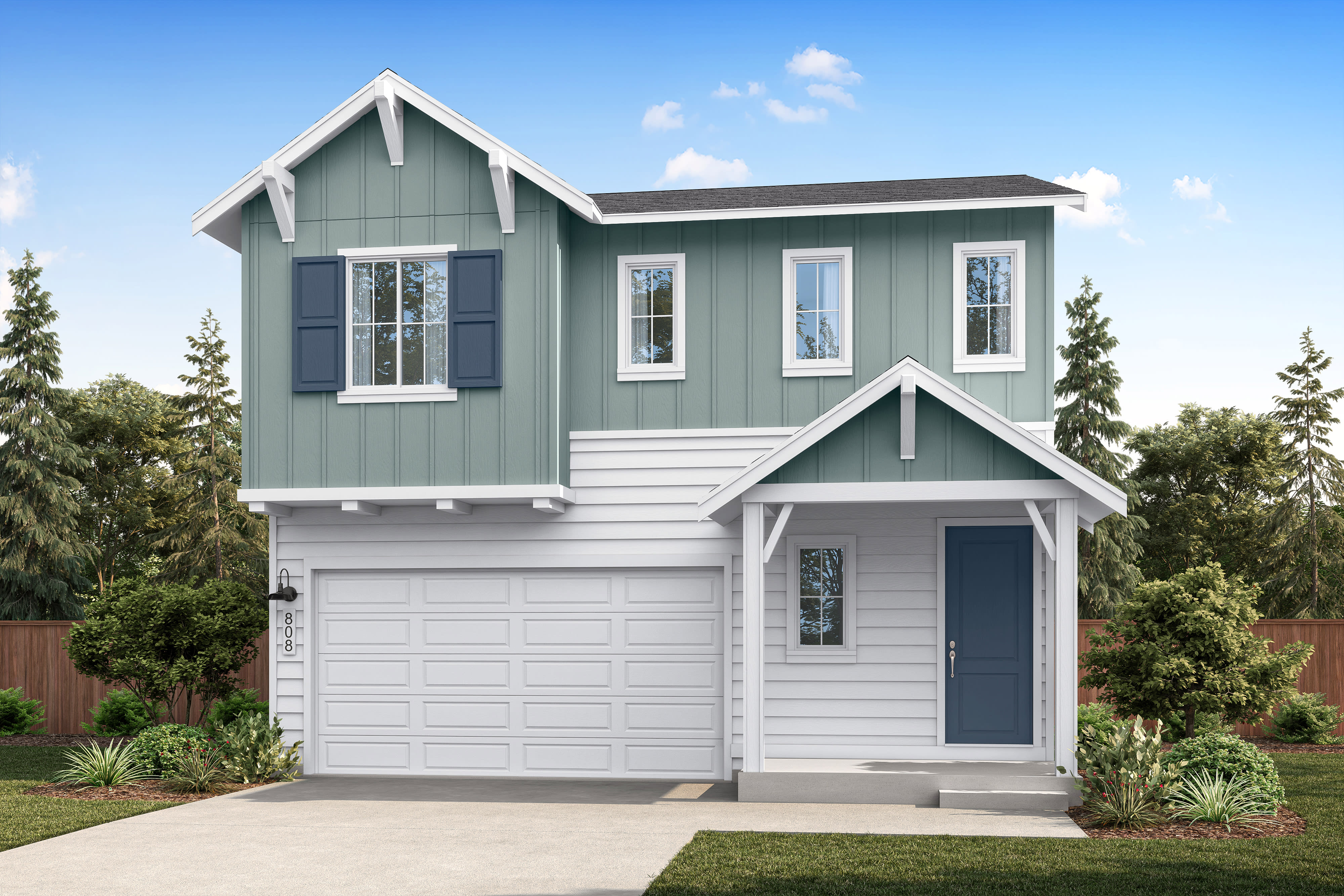 A modern two-story house with a white garage door and blue shutters sits in front of a backdrop of lush green trees under a clear blue sky.