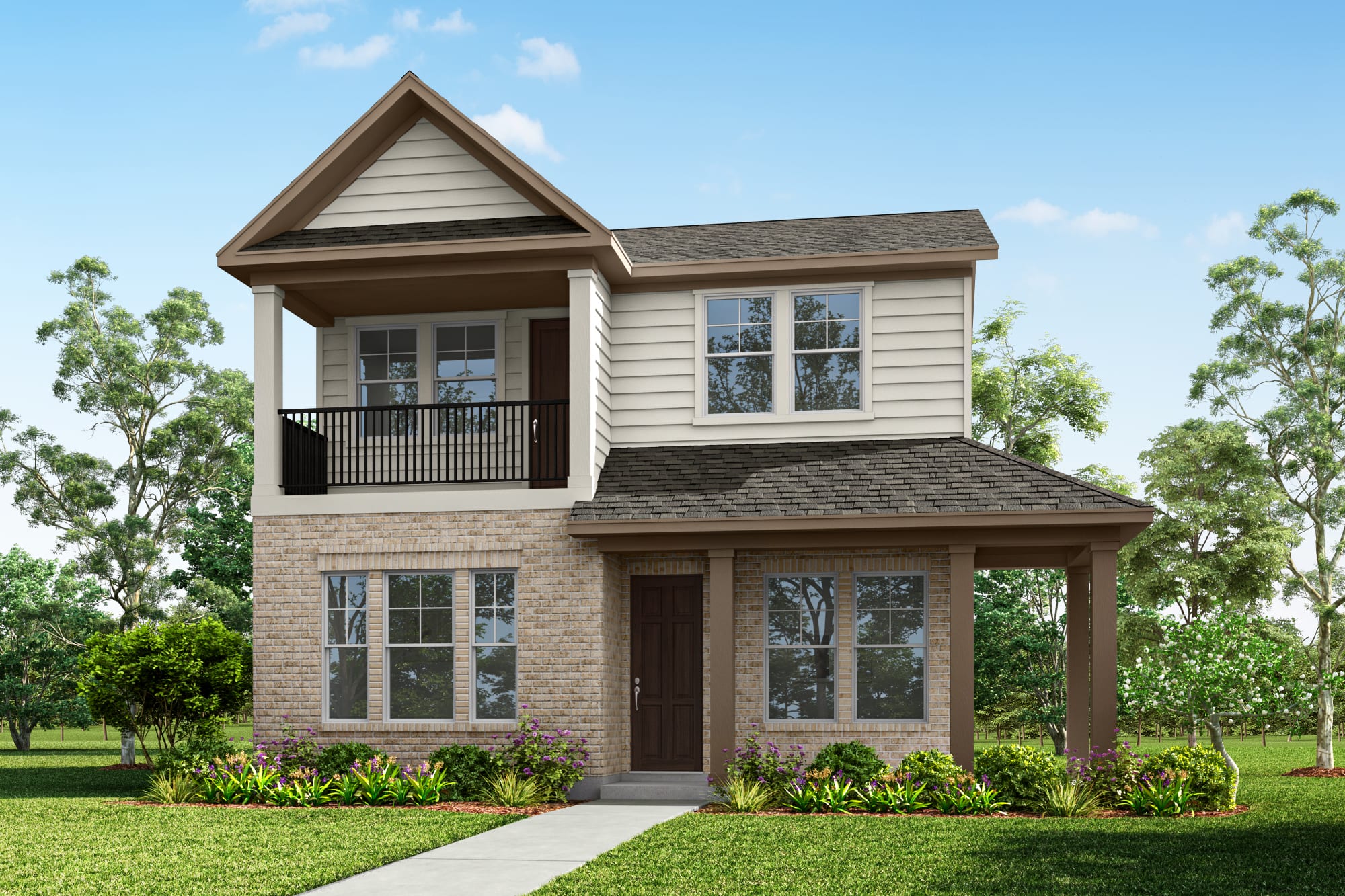 A two-story house with a gabled roof, wooden siding, and a balcony sits on a grassy lawn surrounded by lush greenery.
