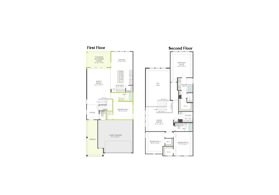 Floor plans for the first and second stories of a house are displayed side-by-side on a white background.