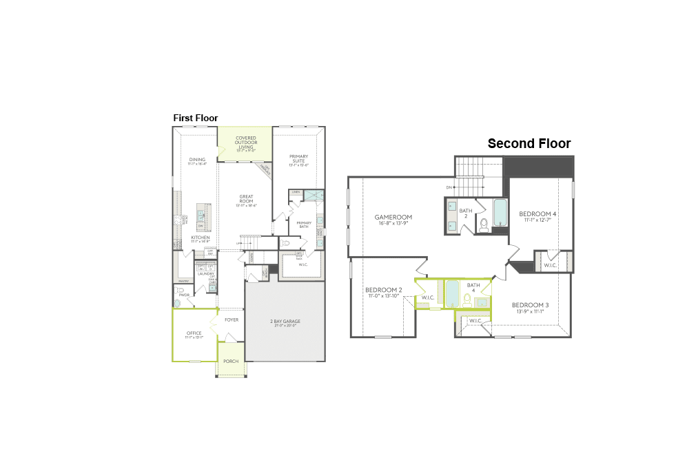 A floor plan displays the first floor on the left with rooms like a kitchen and living area, and the second floor on the right with bedrooms and a game room.
