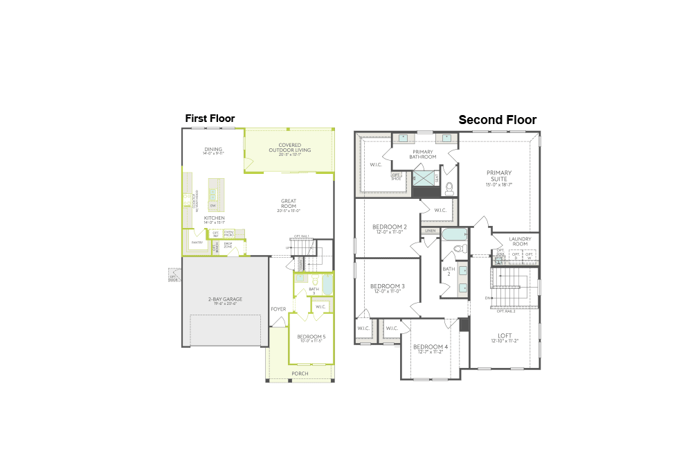 A floor plan displays the first floor with a garage and kitchen on the left, and the second floor with multiple bedrooms and bathrooms on the right.