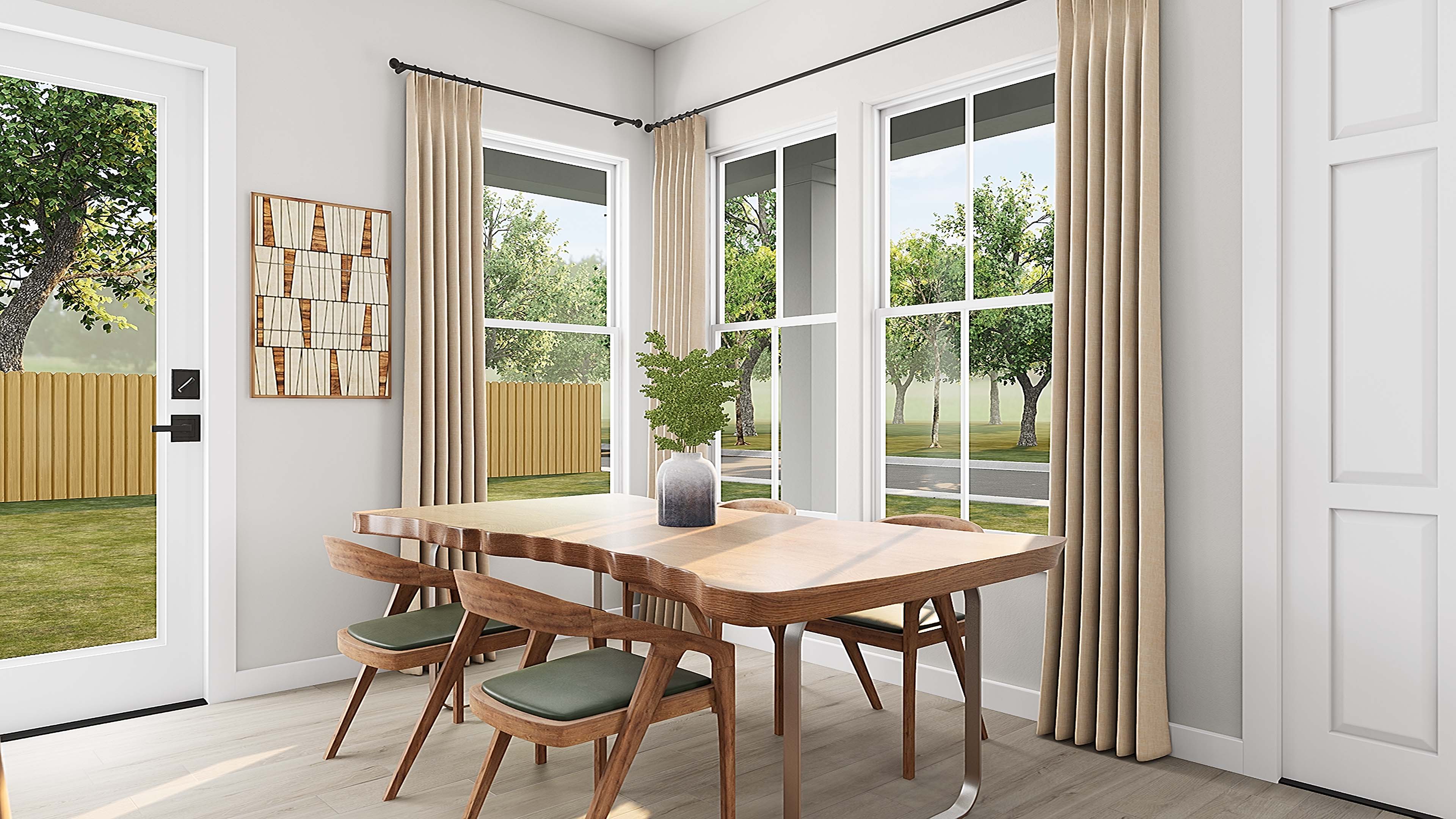 A modern dining set with wooden chairs and a unique table sits in a bright room with large windows overlooking a green backyard, while a textured artwork hangs on the wall.