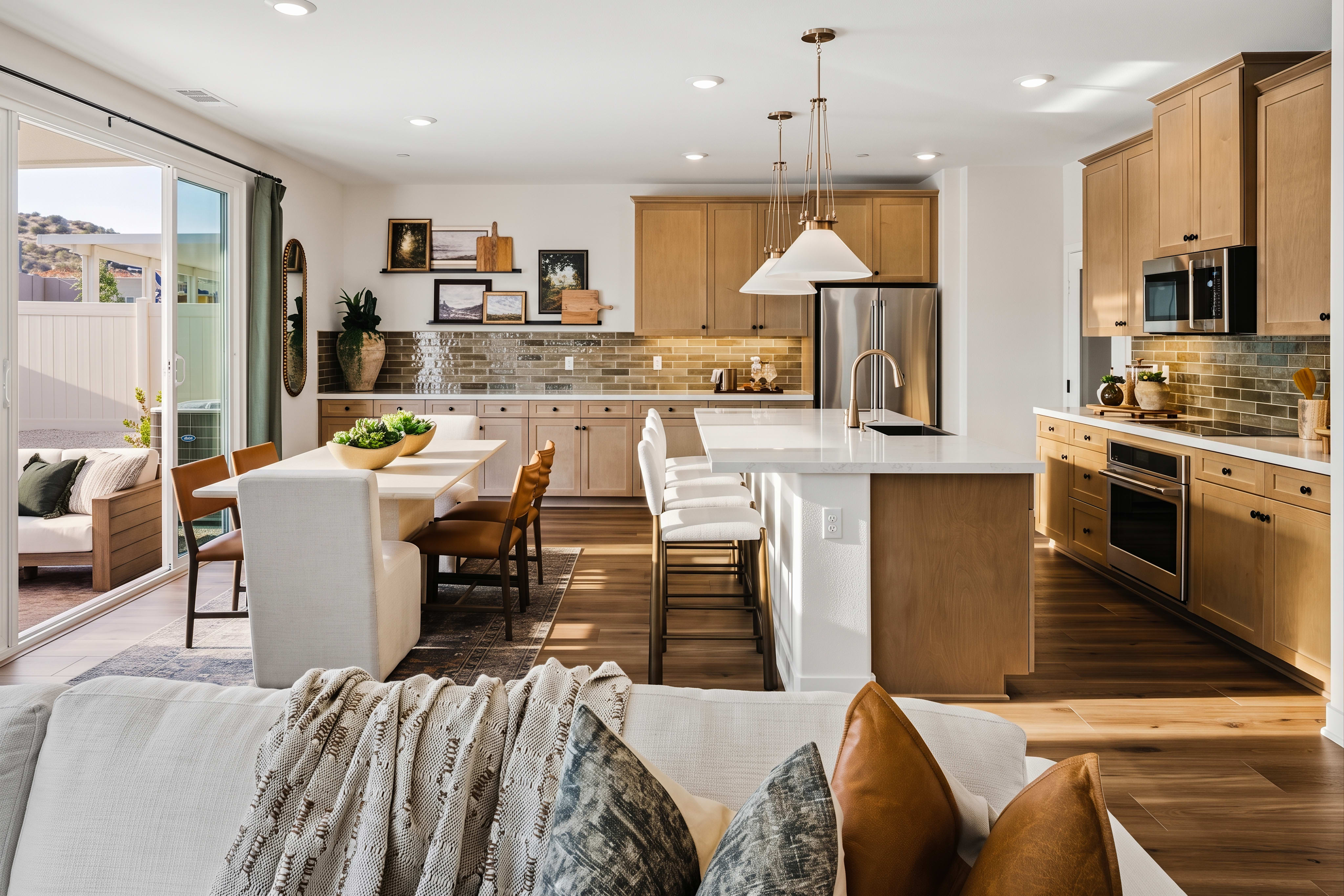 A modern kitchen and dining area with a plush sofa in the foreground and a patio visible through sliding glass doors in the background.
