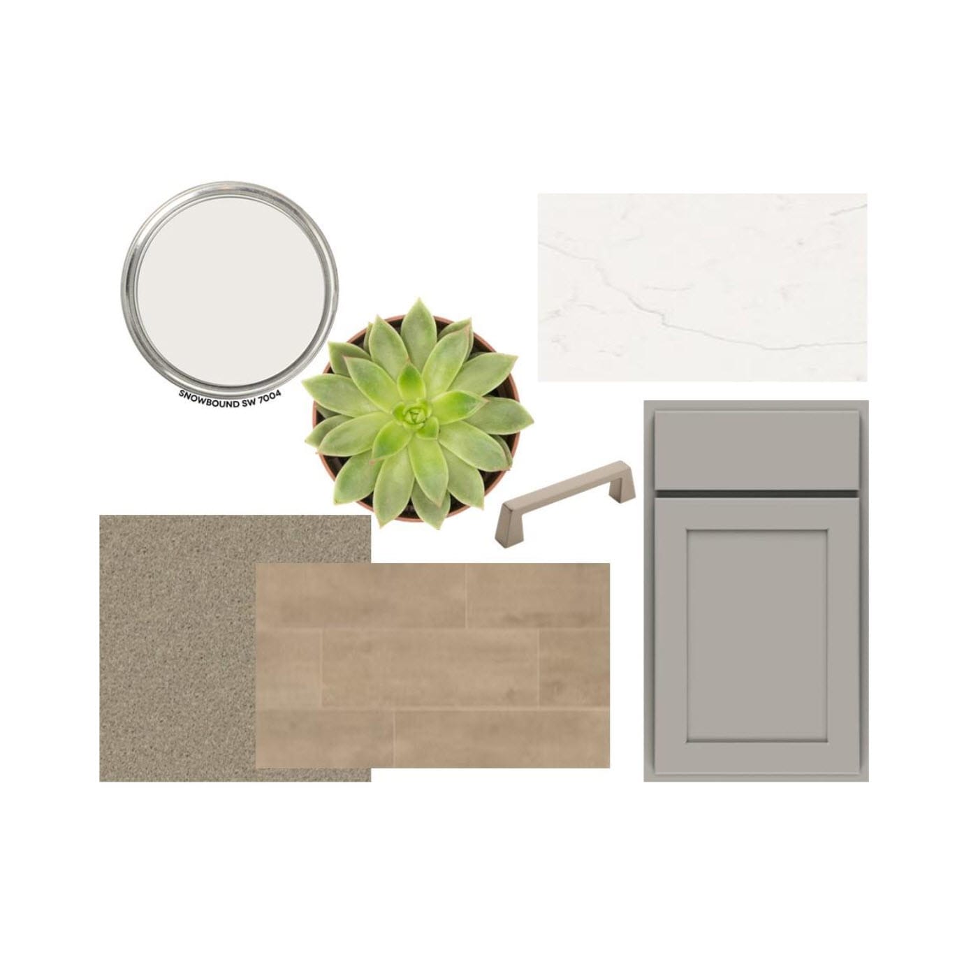 A succulent plant sits atop a paint can in the foreground, with samples of countertop, flooring, cabinet, and hardware arranged around it against a white background.