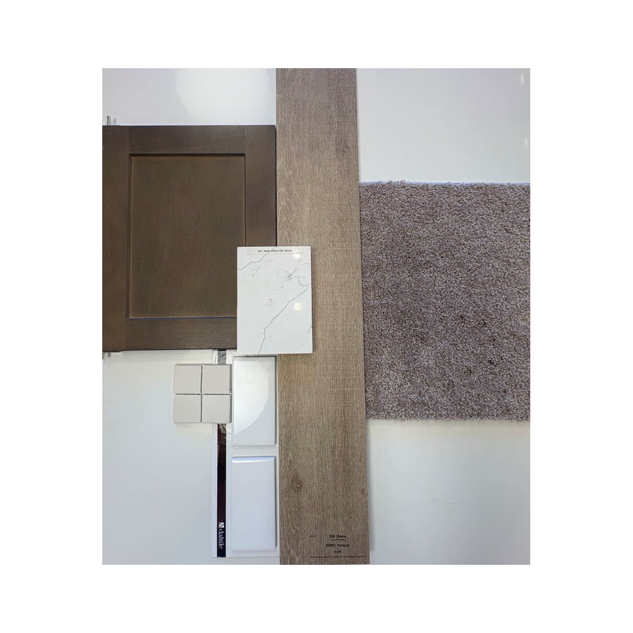 A dark brown cabinet door, marble and white tiles, a wood plank, and a textured gray carpet sample are arranged against a white background.
