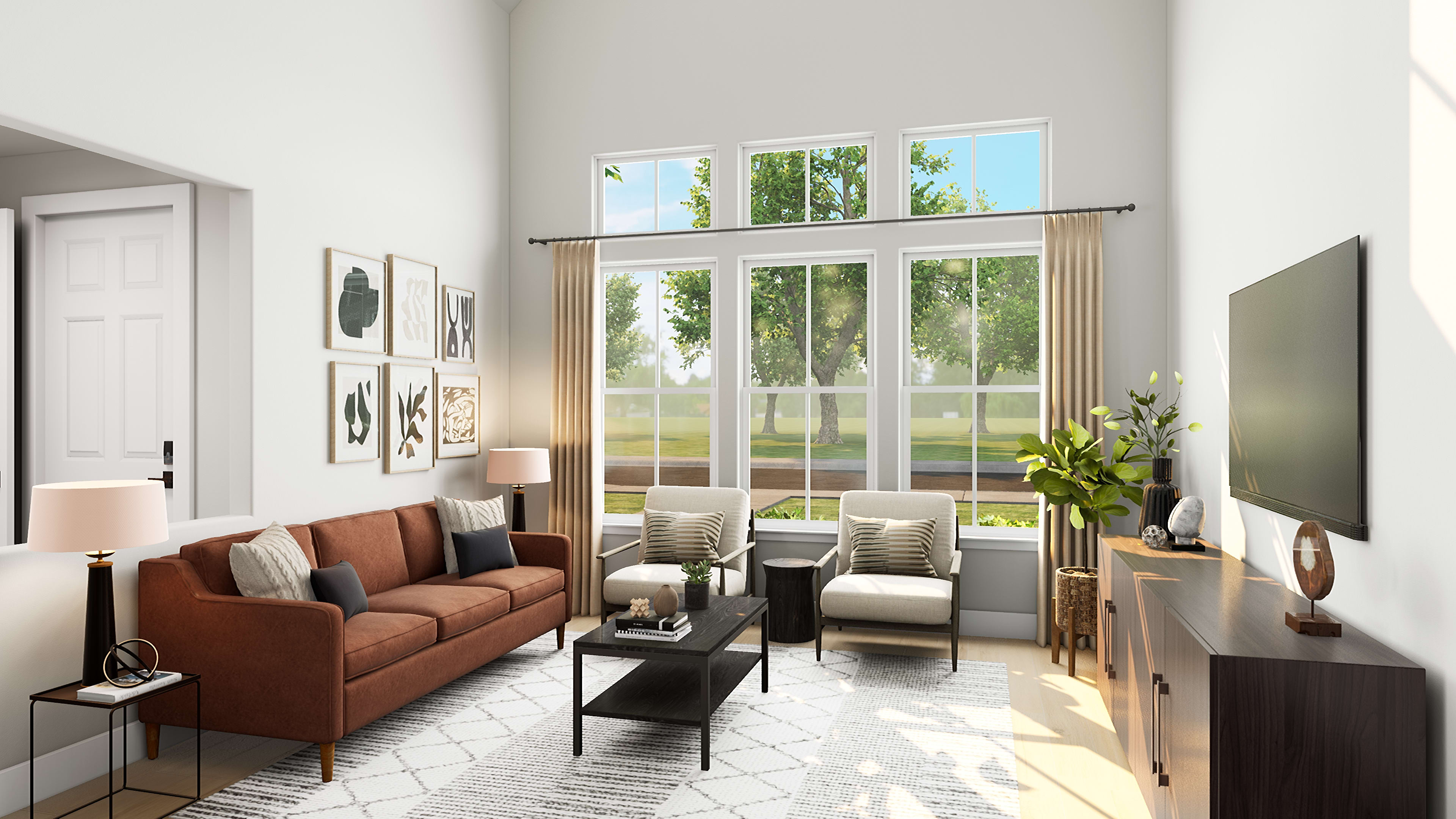 A modern living room with a rust-colored sofa and chairs in the foreground is brightly lit by large windows overlooking a green landscape in the background.