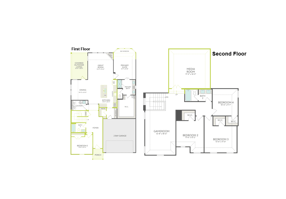 A floor plan displays the first floor on the left with rooms like a great room and kitchen, and the second floor on the right with bedrooms and a media room.