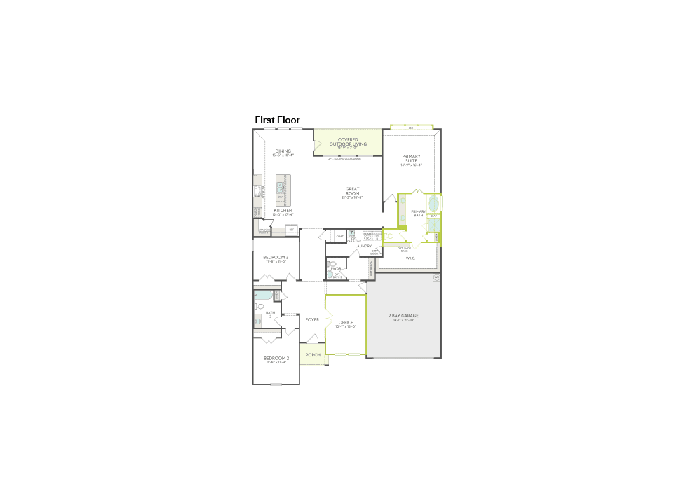 A floor plan of a house, with the foreground showing various rooms like bedrooms, bathrooms, and a kitchen, and the background indicating a garage and a porch.