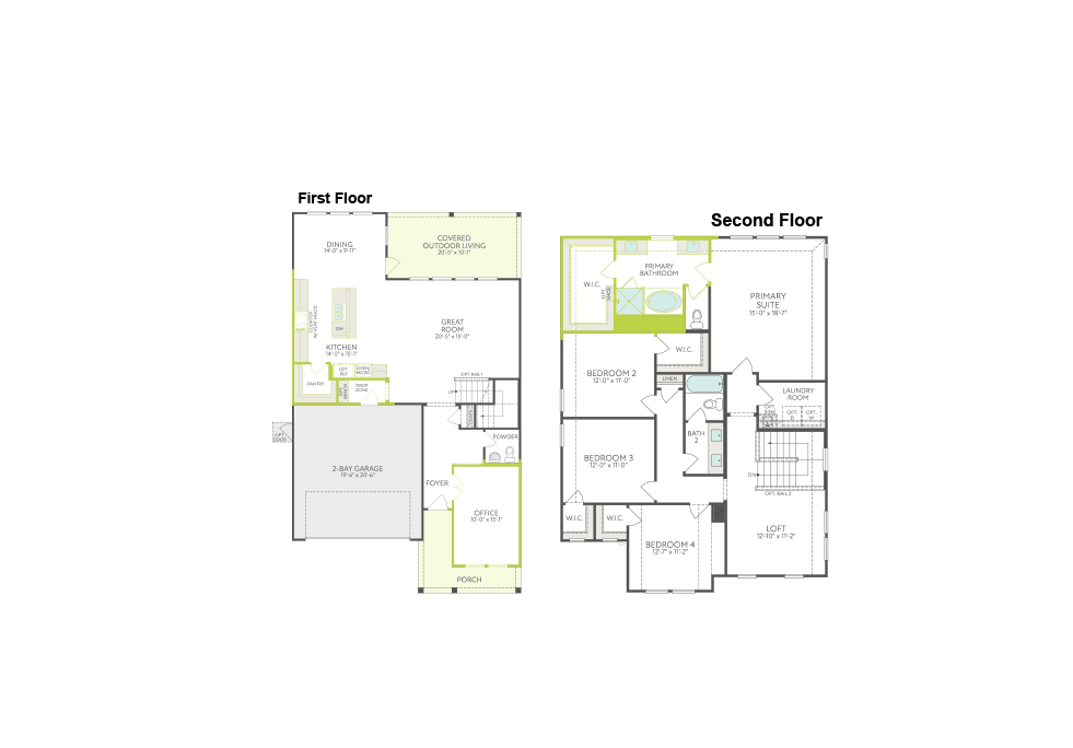 A floor plan displays the first floor with a garage, kitchen, and living area in the foreground, and the second floor with bedrooms and bathrooms in the background.