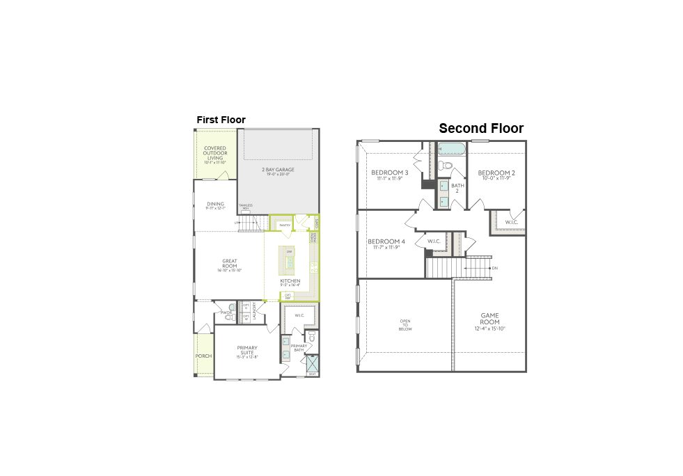 Floor plans for the first and second stories of a house are displayed side-by-side on a white background.