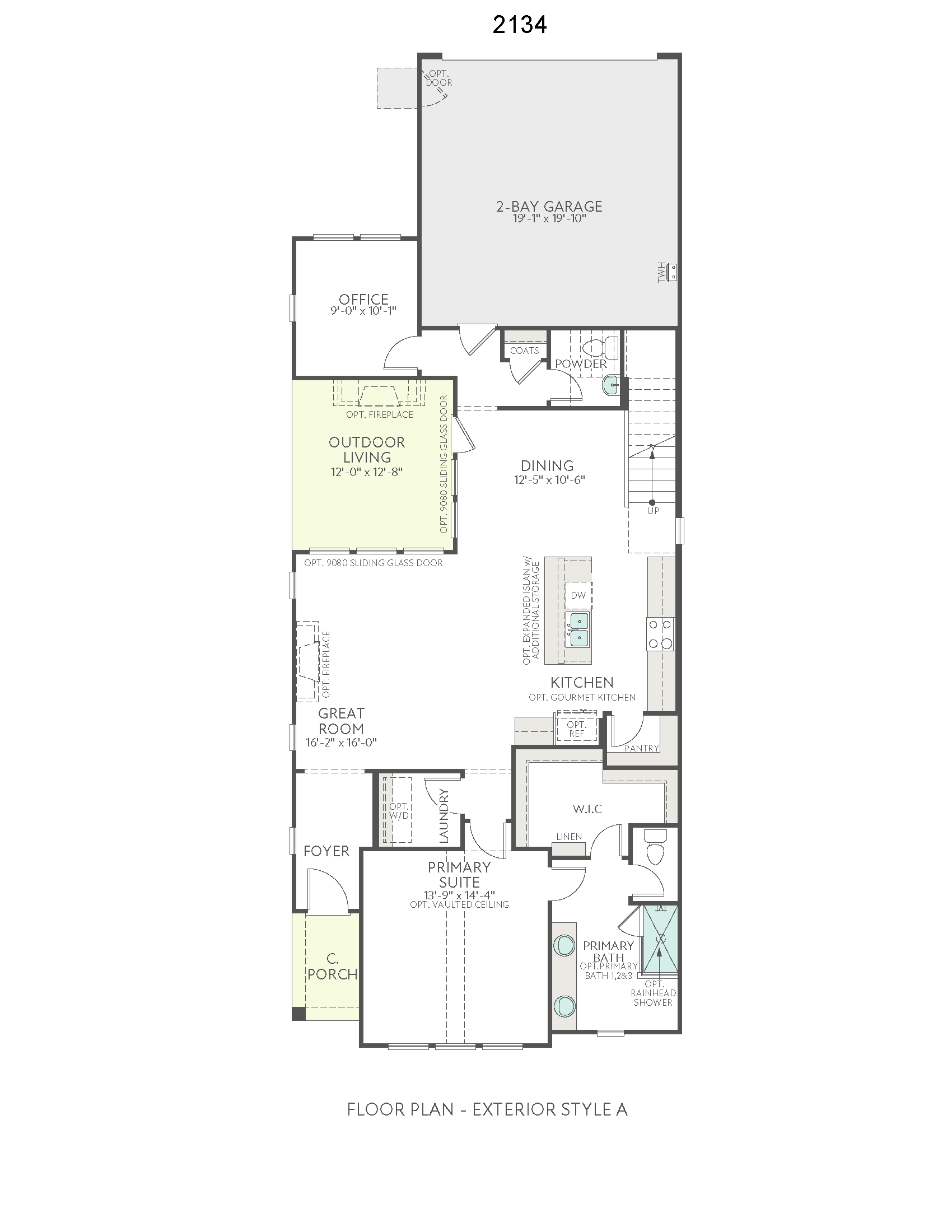 A floor plan displays a two-bay garage in the background and a primary suite, great room, and outdoor living area in the foreground.