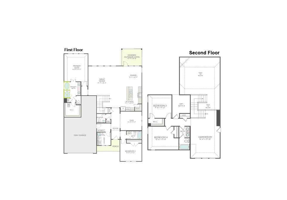 The image appears to be a floor plan for a two-story residential building, with the first floor and second floor layouts displayed side by side. The floor plan includes various rooms and spaces, such as bedrooms, bathrooms, and a garage.