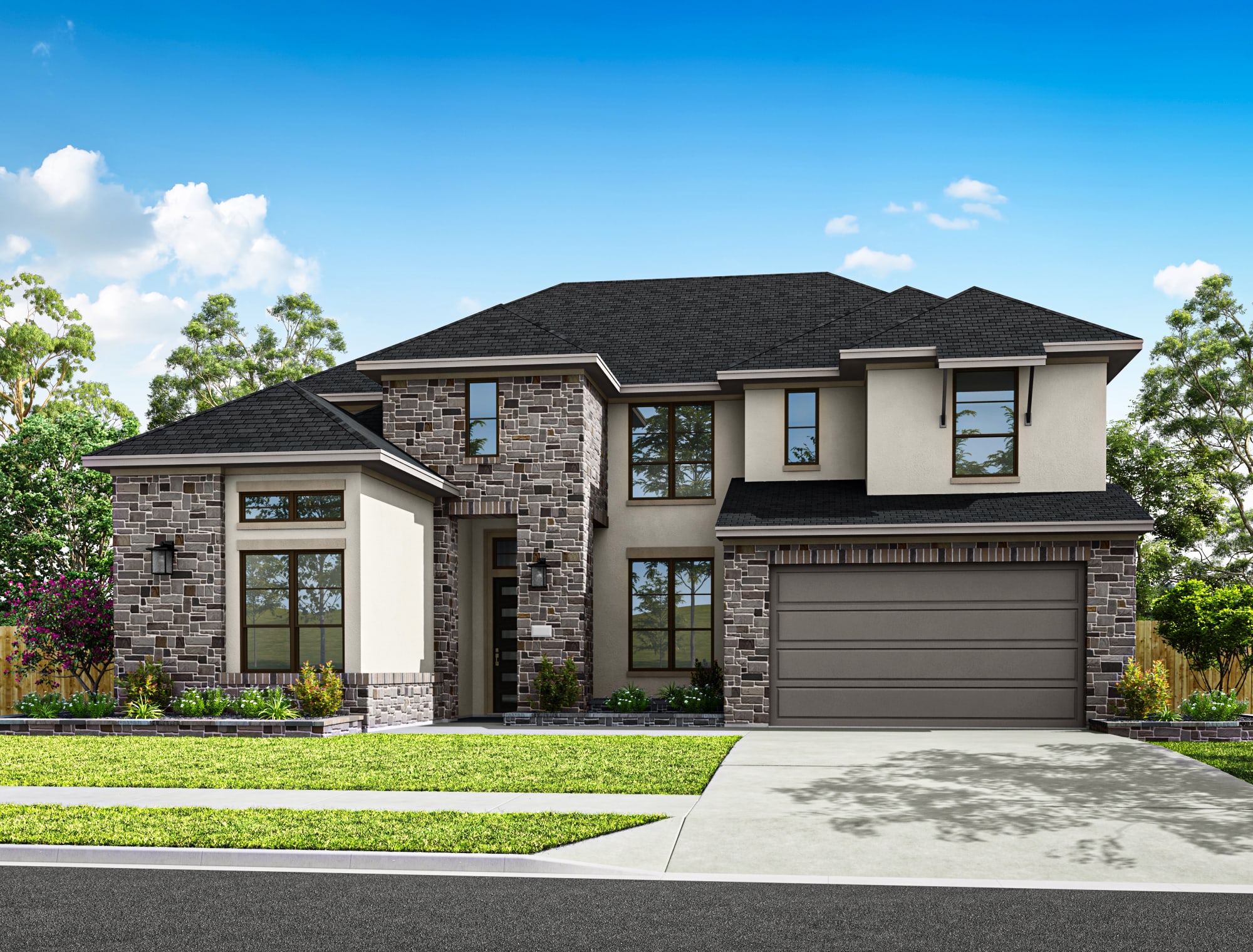 A modern two-story house with stone and stucco accents sits on a manicured lawn in front of a backdrop of trees and a bright blue sky.