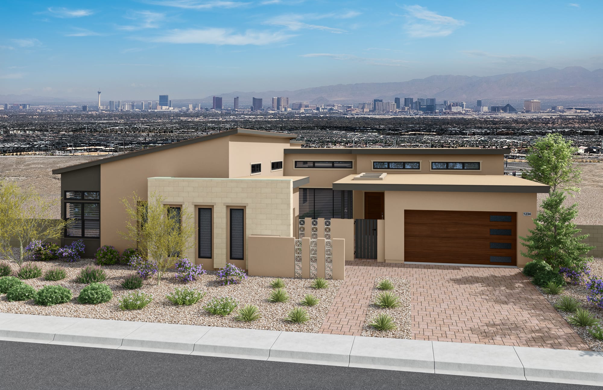 A modern tan house with a wooden garage door sits in the foreground, surrounded by desert landscaping, with a distant city skyline visible in the background under a cloudy sky.