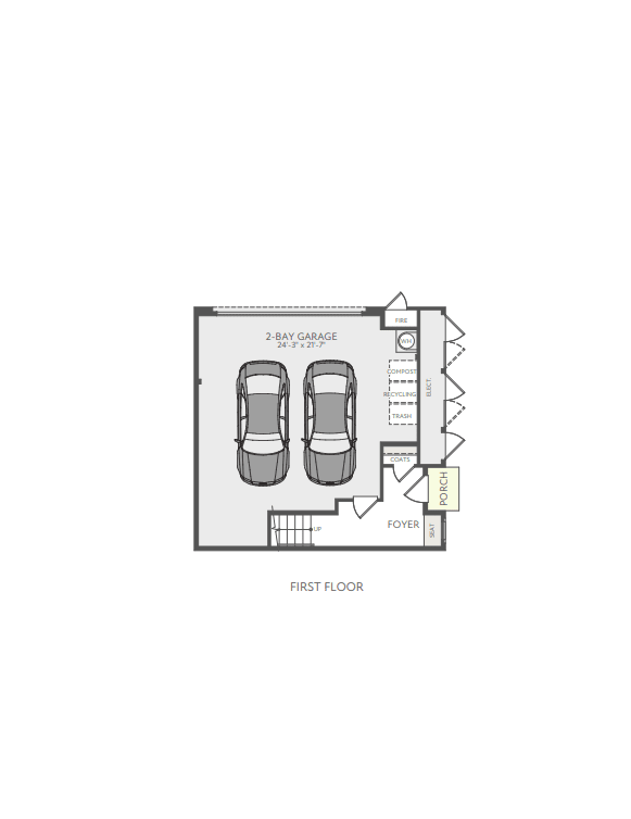 A floor plan of a first-floor two-bay garage with two cars parked inside is centered against a plain white background.
