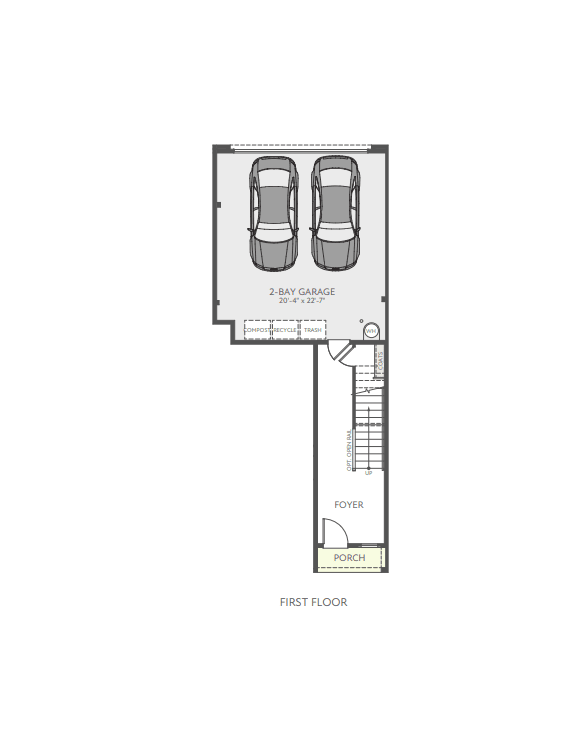 A black and white architectural floor plan of a first floor featuring a two-car garage and a foyer against a plain white background.