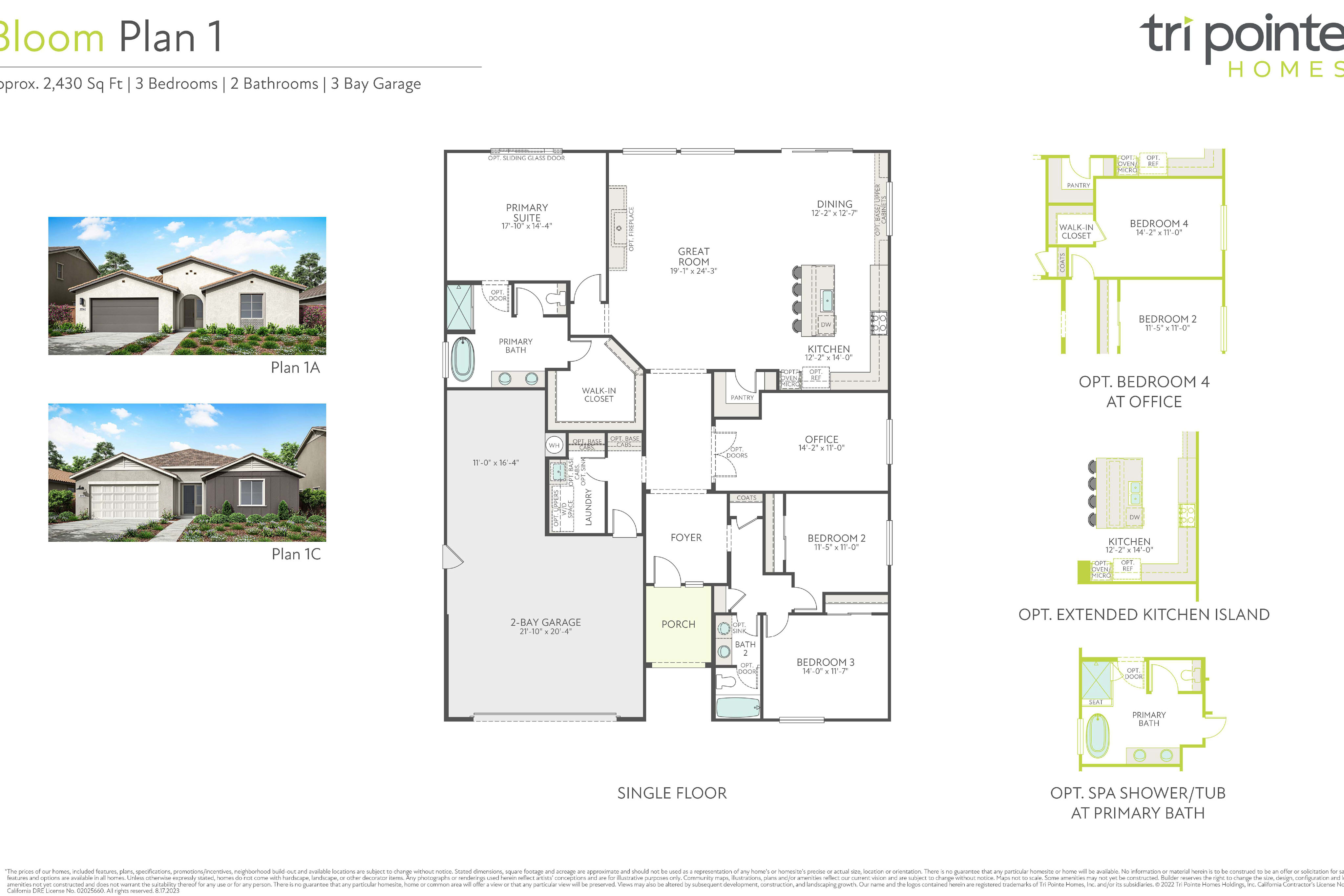 A detailed architectural floor plan and exterior renderings of a residential home are presented against a clean white background.