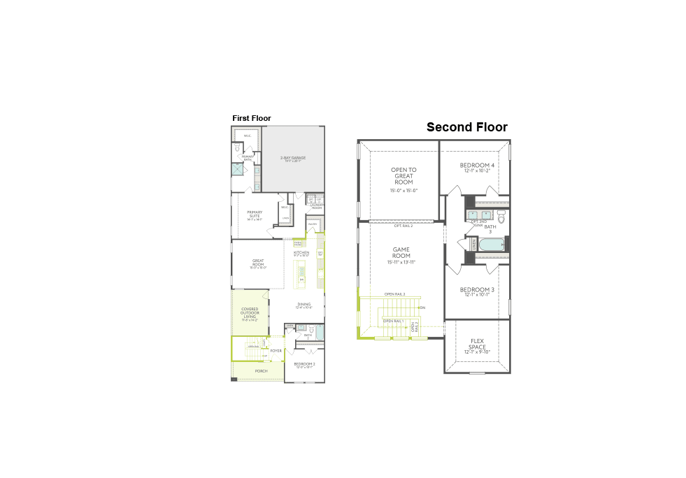 Two architectural floor plans for a first and second floor are displayed side-by-side against a plain white background.